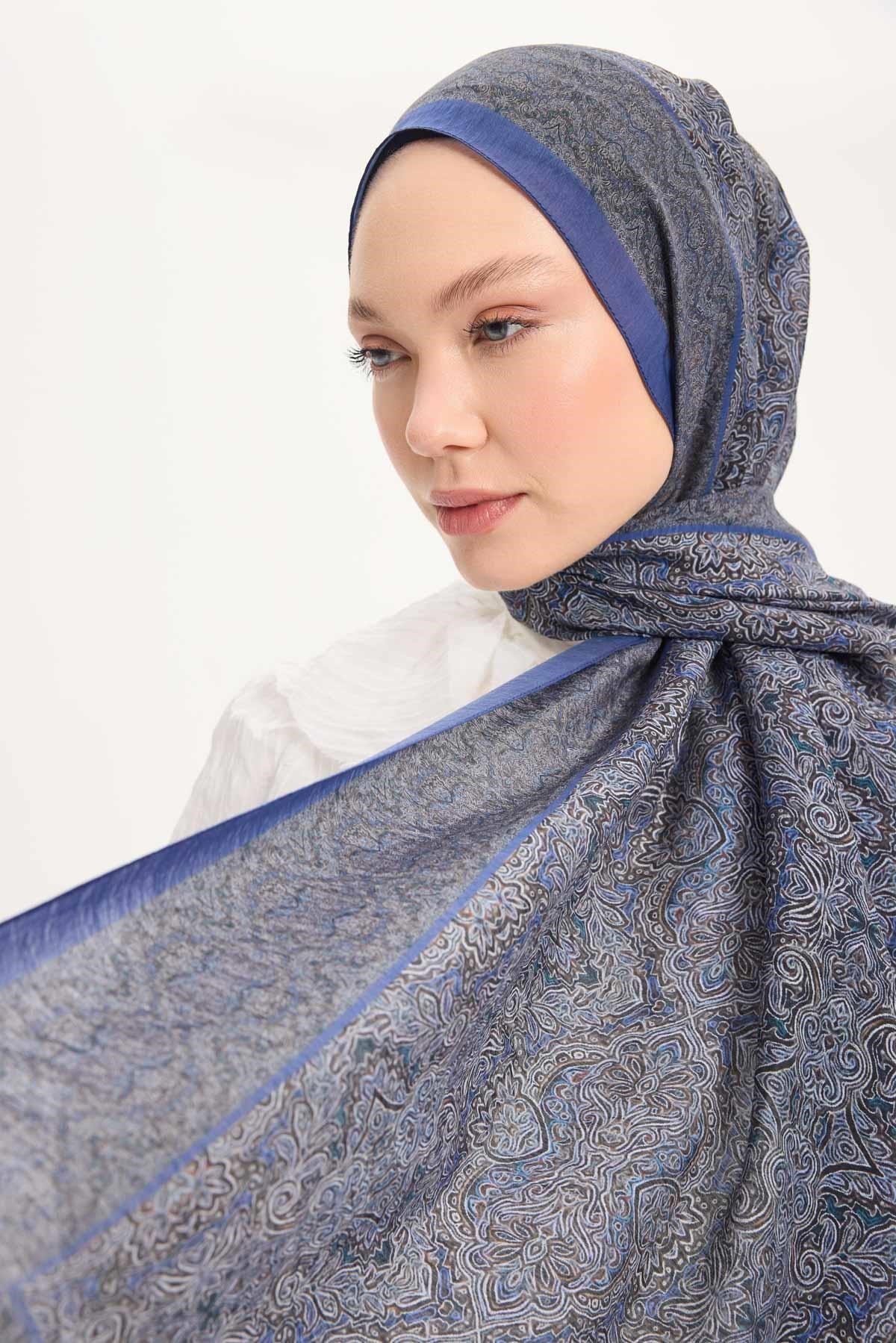 Tencel Monare Şal Koyu Mavi Etnik Desen 75x195