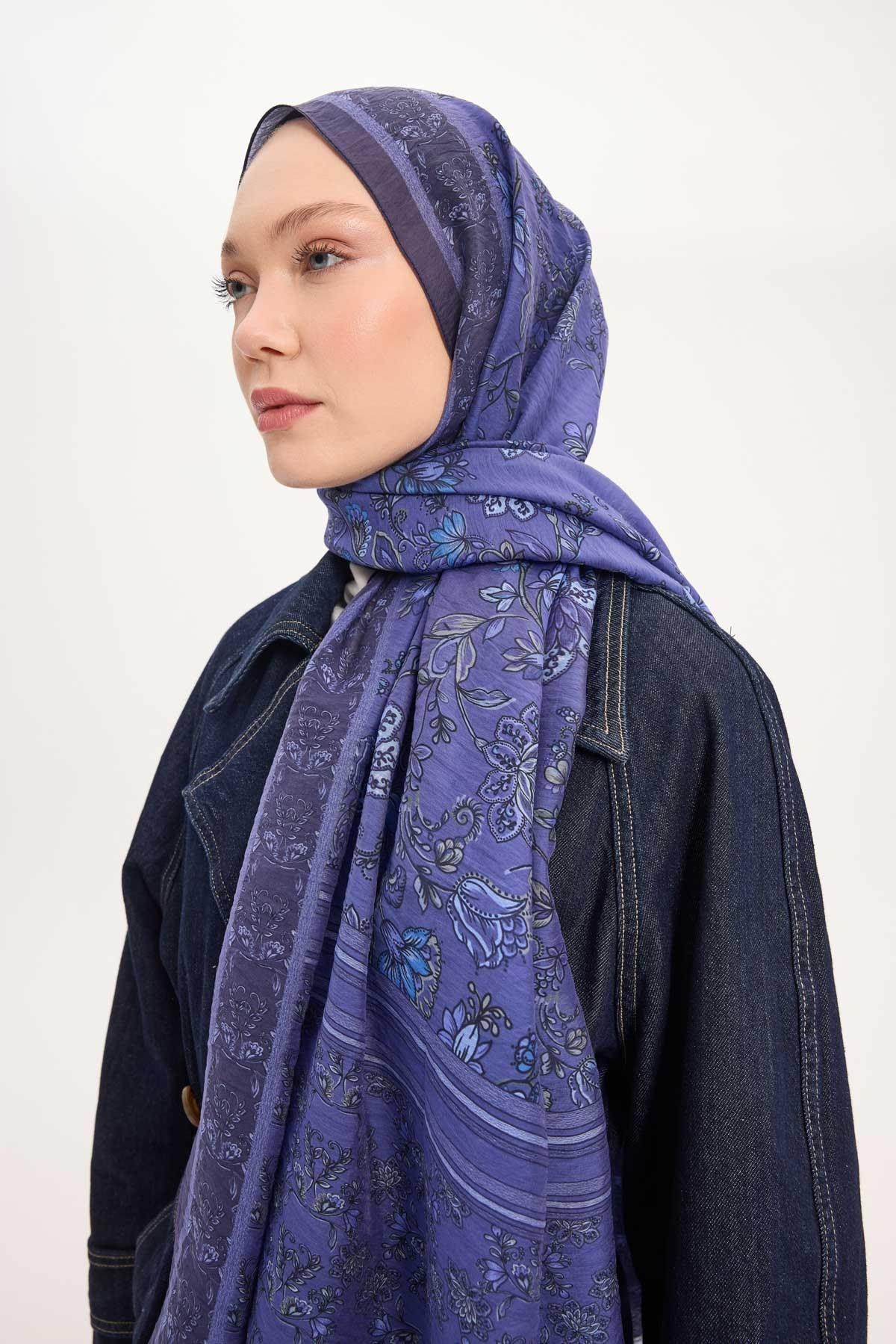 Tencel Monare Şal Koyu Mor Çiçek Desen 75x195