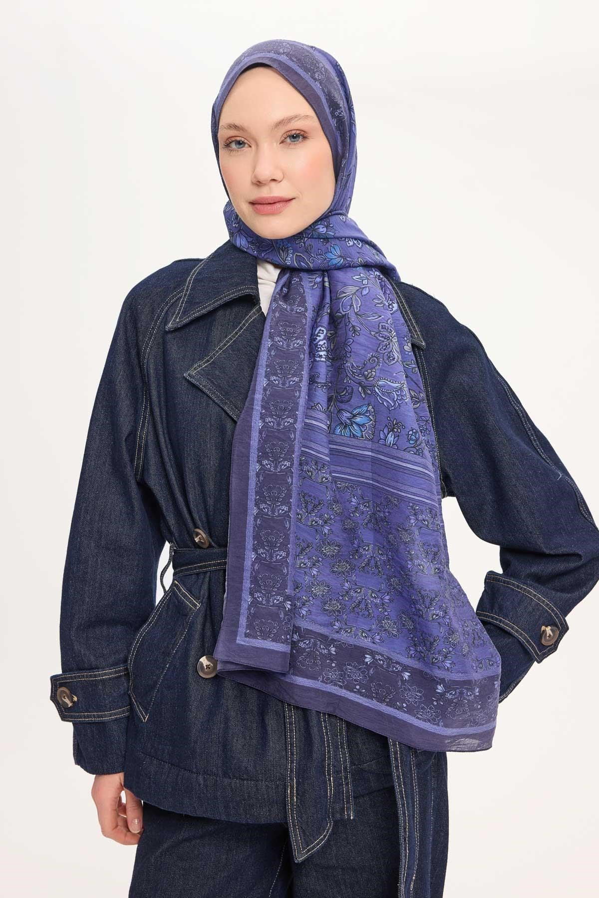 Tencel Monare Şal Koyu Mor Çiçek Desen 75x195