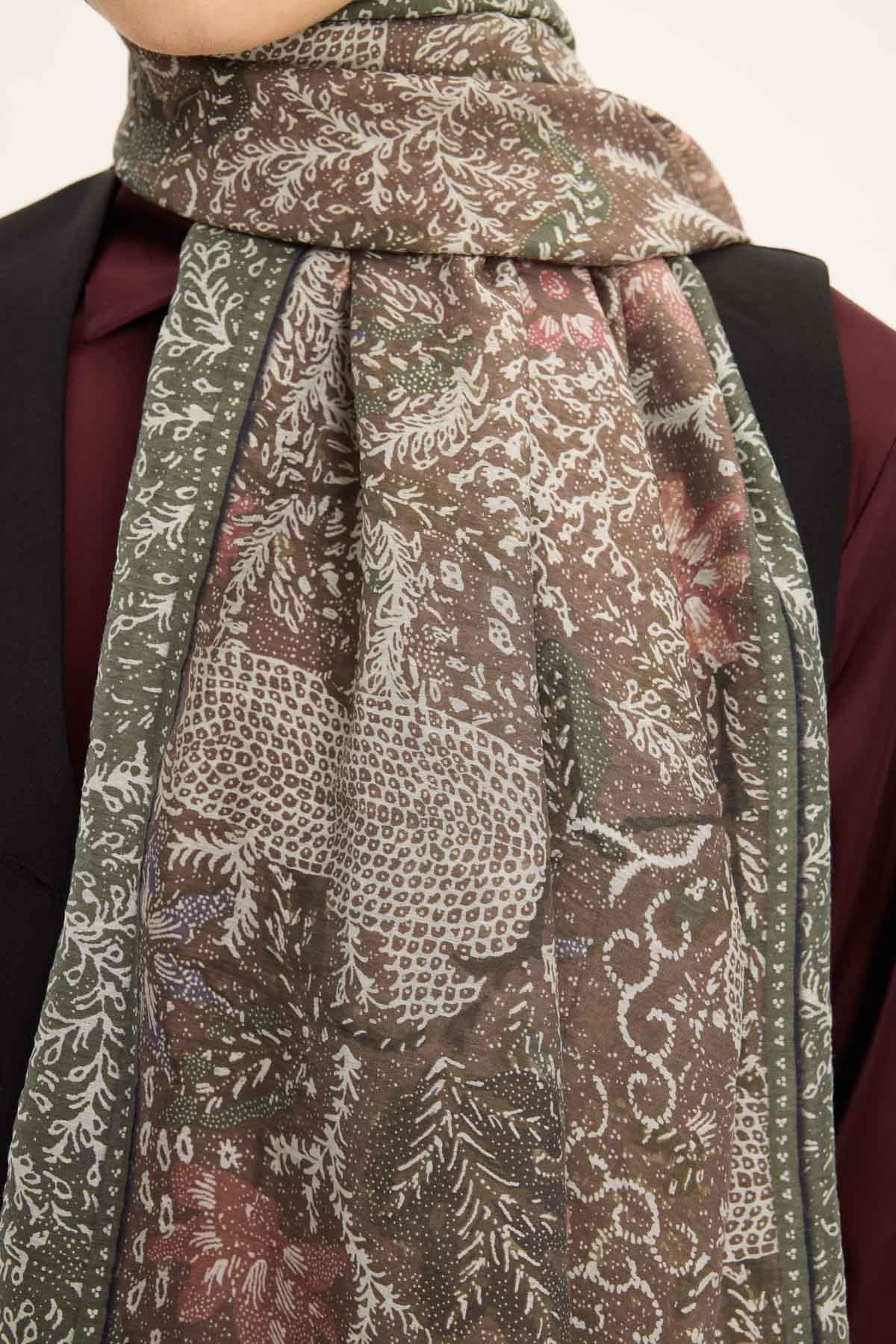 Tencel Monare Şal Koyu Vizon Vintage Botanik Desen 75x195