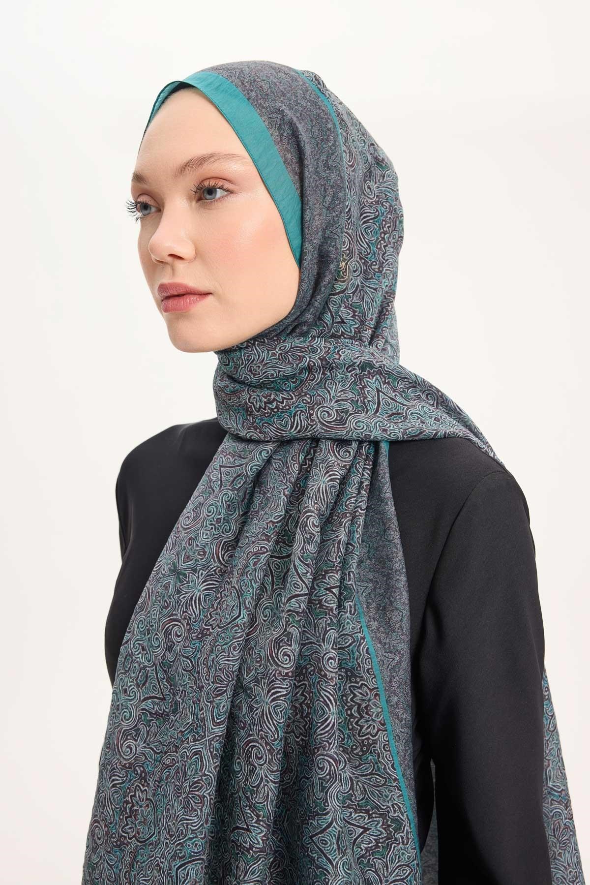 Tencel Monare Şal Petrol Mavi Etnik Desen 75x195