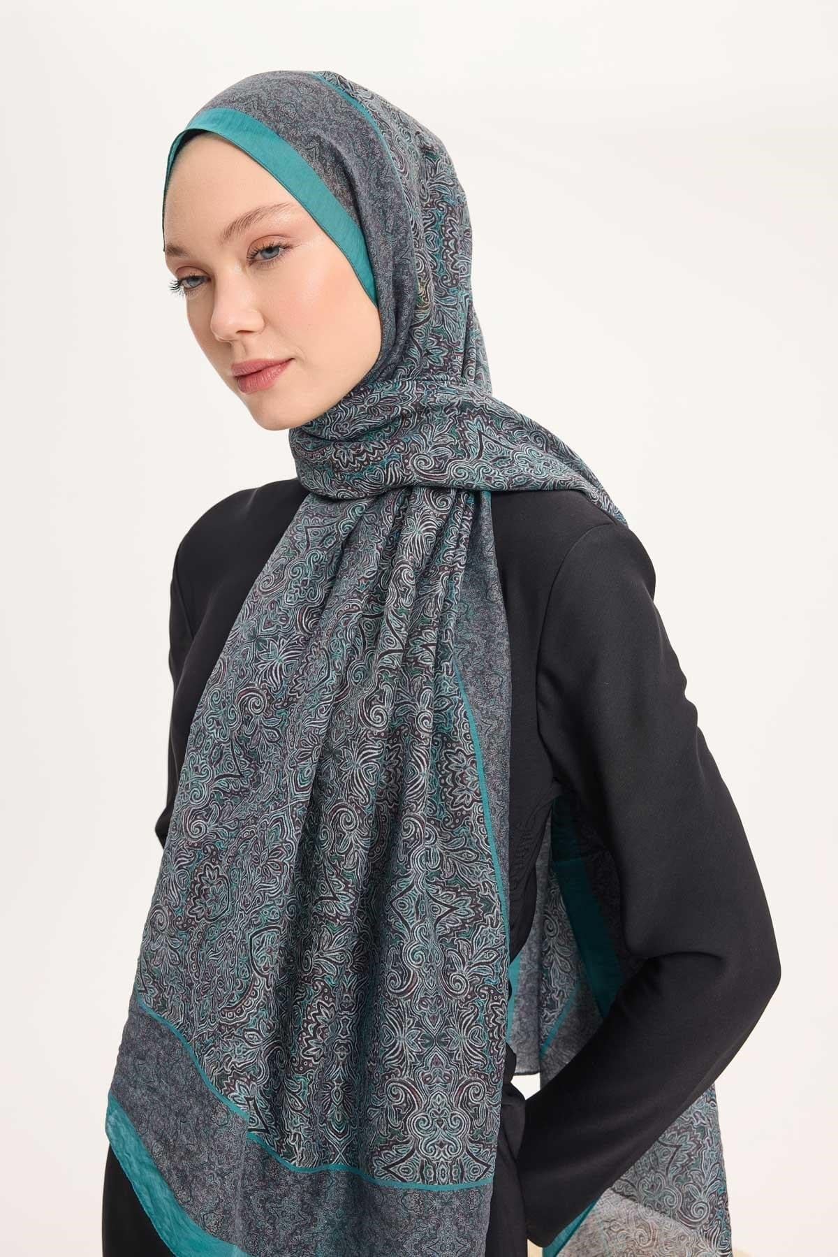 Tencel Monare Şal Petrol Mavi Etnik Desen 75x195