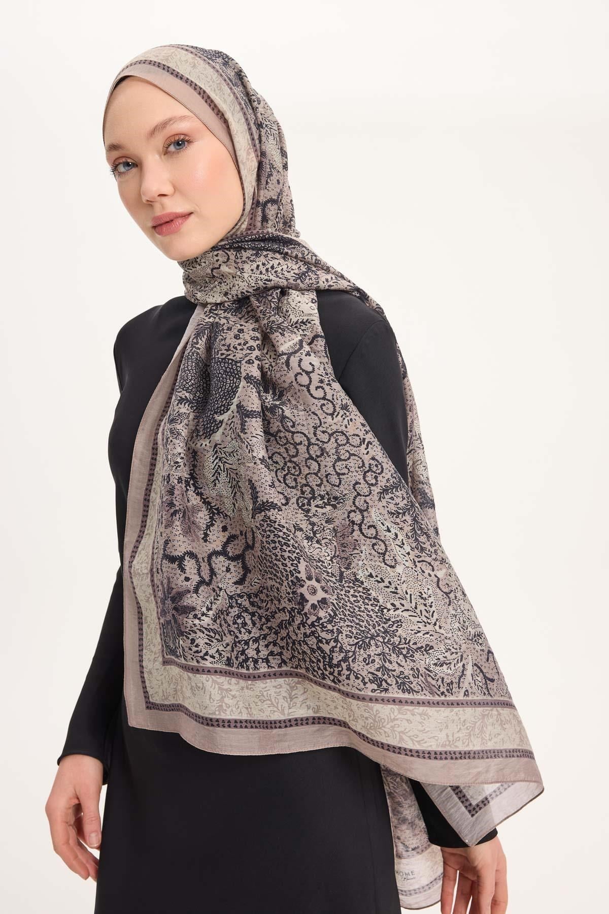 Tencel Monare Şal Vizon Vintage Botanik Desen 75x195