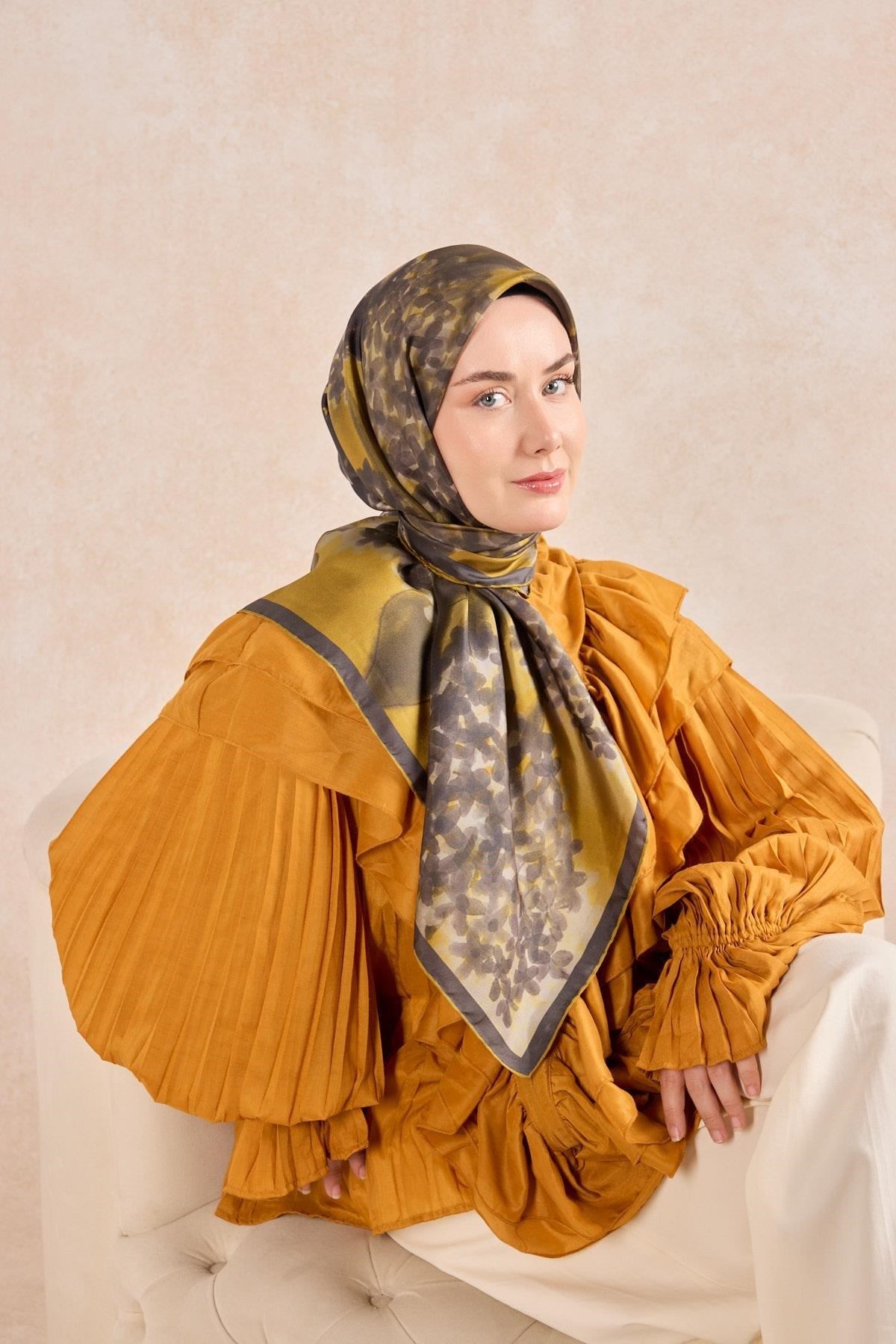 Twill İpek Bloom Eşarp Hardal 90x90