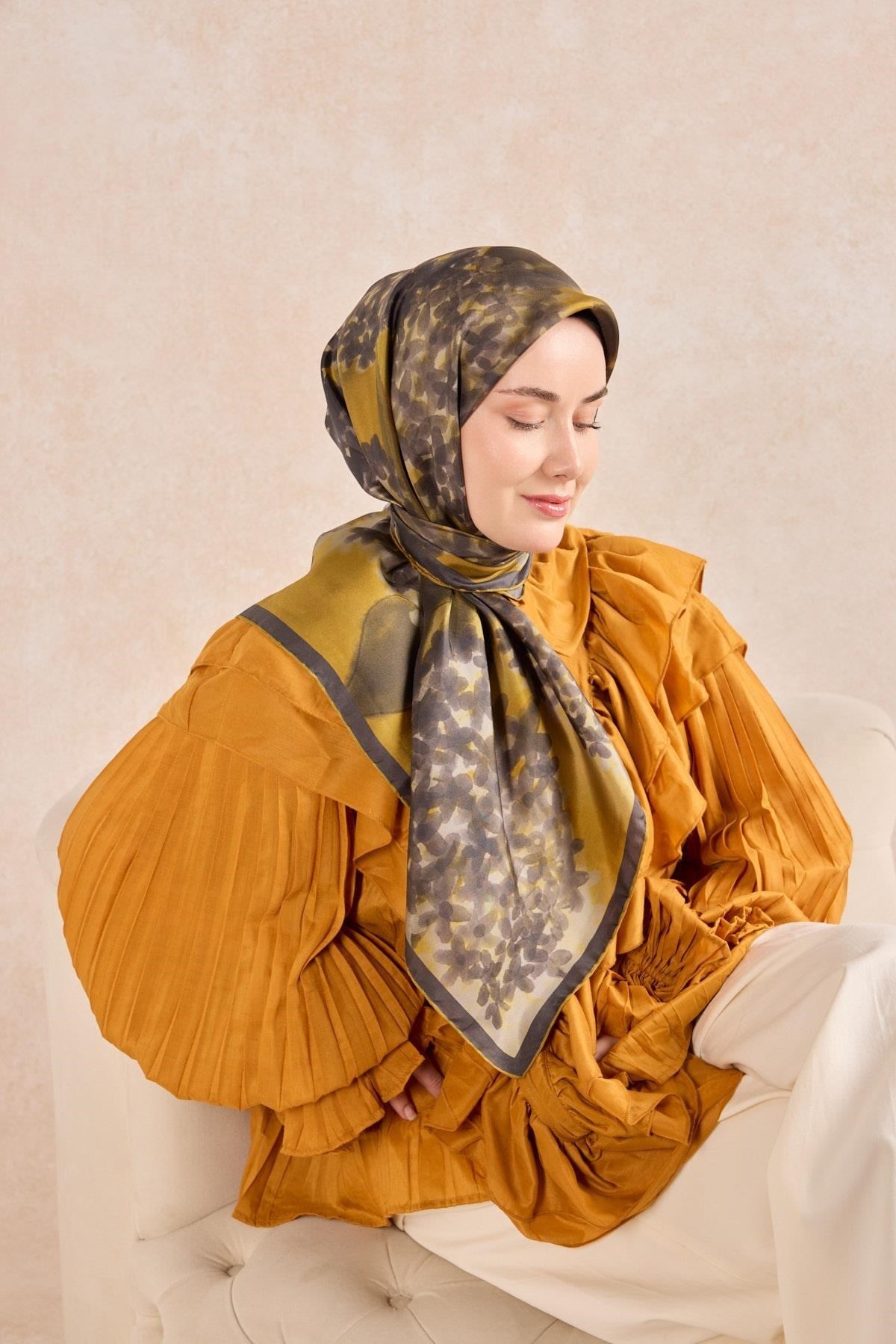 Twill İpek Bloom Eşarp Hardal 90x90