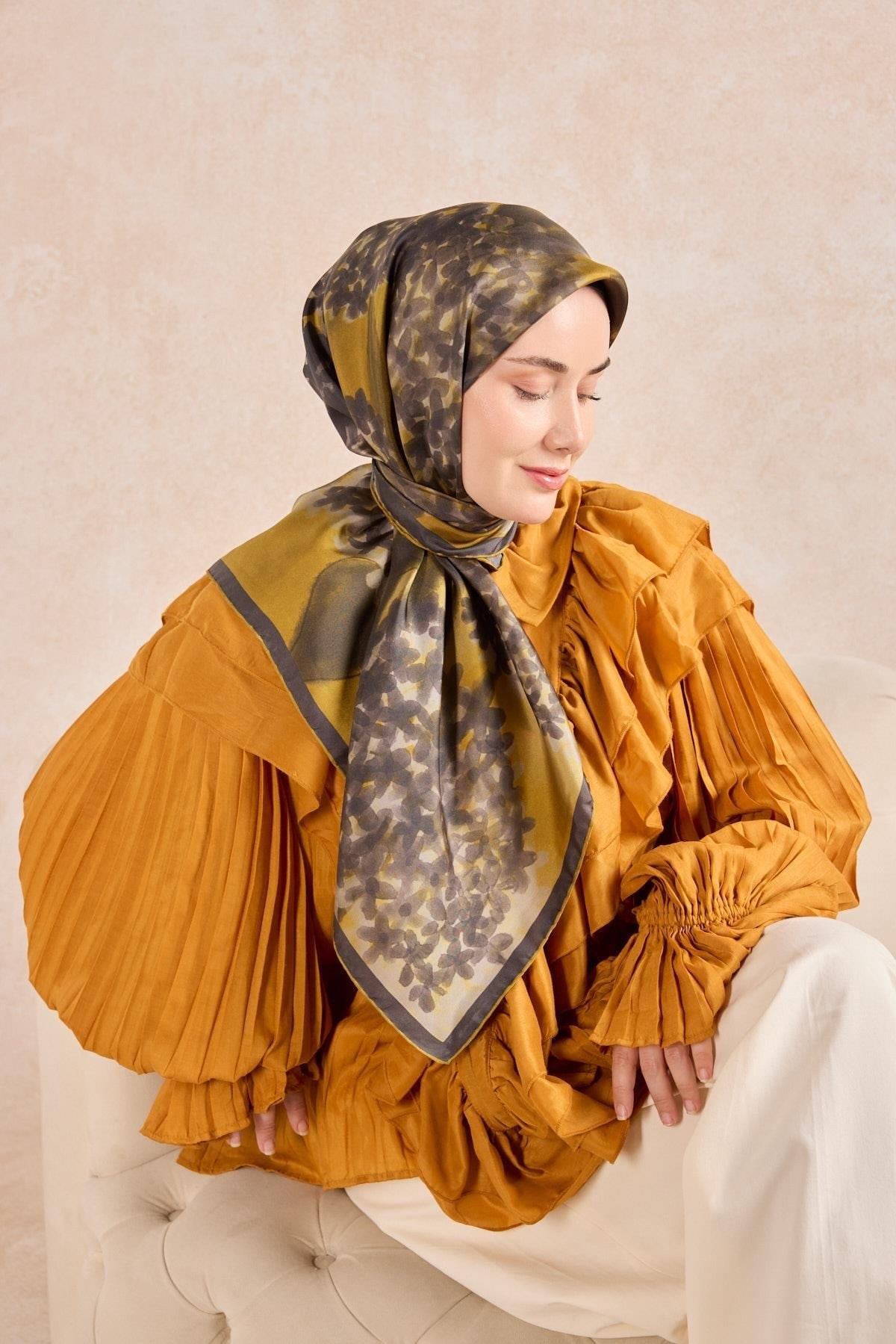 Twill İpek Bloom Eşarp Hardal 90x90