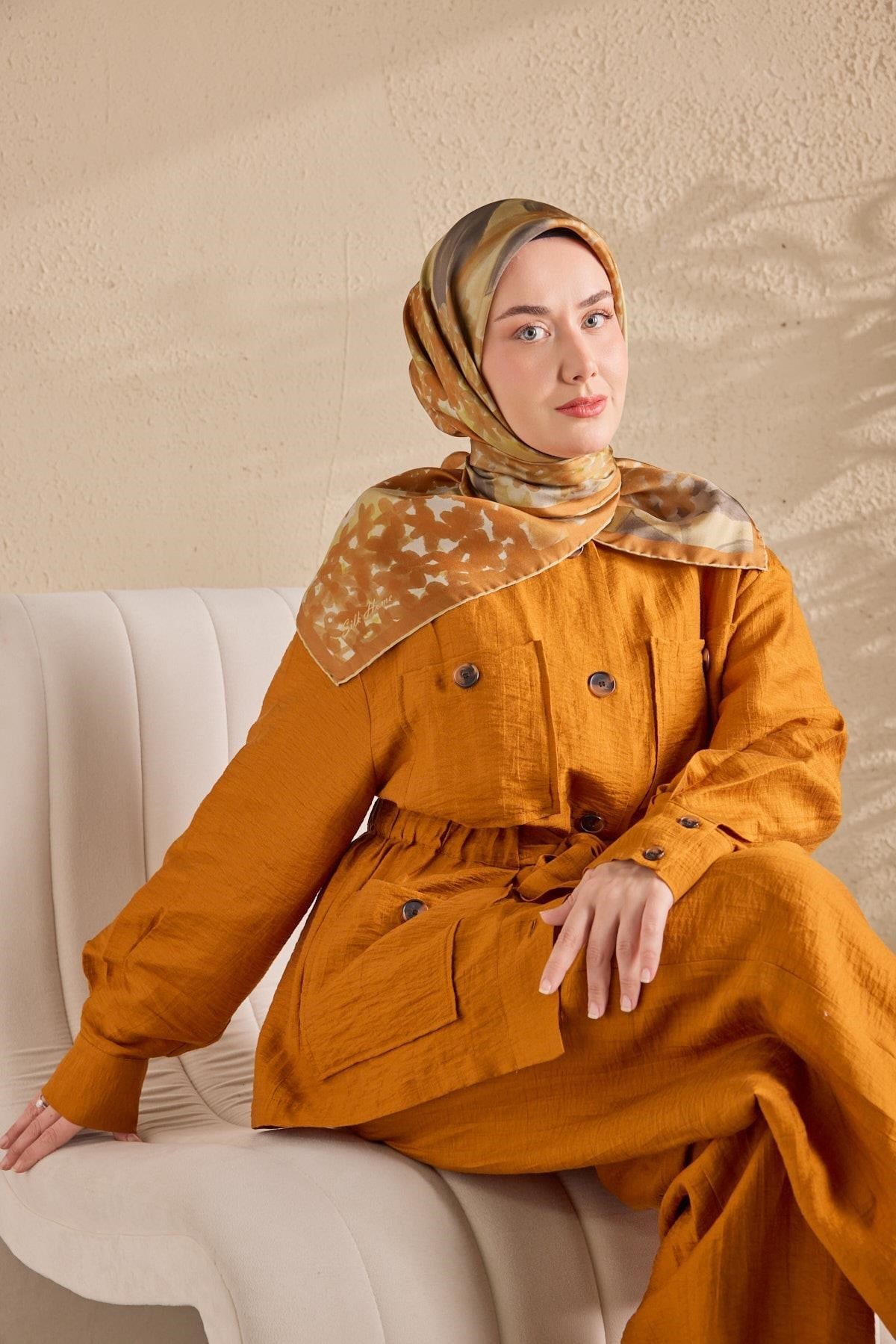 Twill İpek Bloom Eşarp Taba  90x90