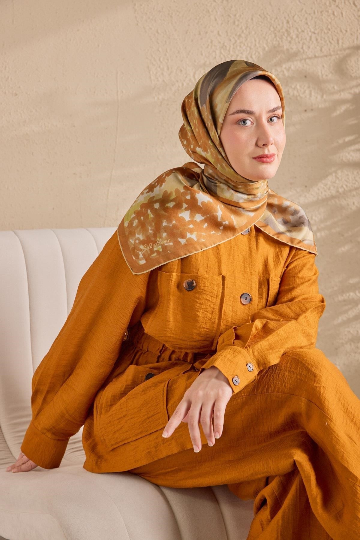 Twill İpek Bloom Eşarp Taba  90x90