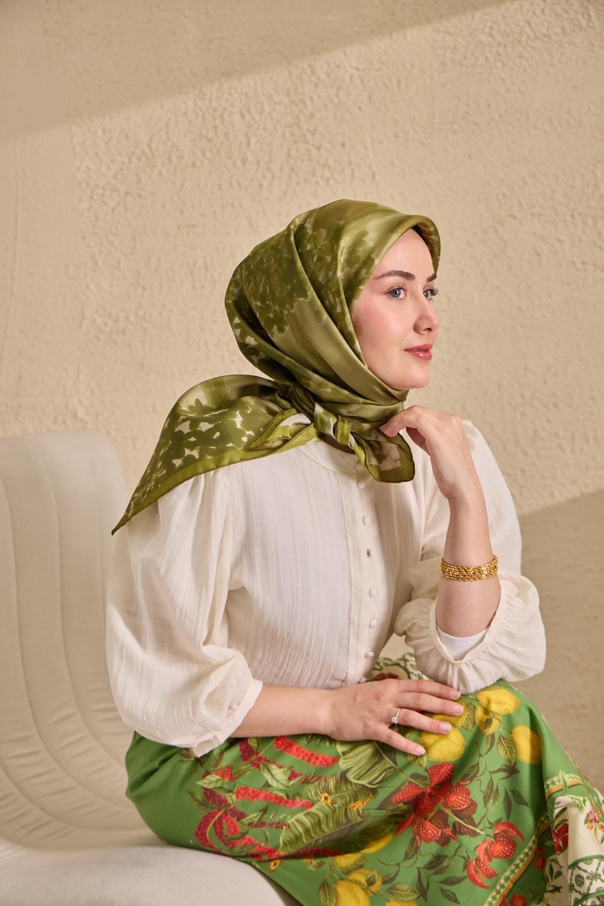 Twill İpek Bloom Eşarp Yeşil 90x90