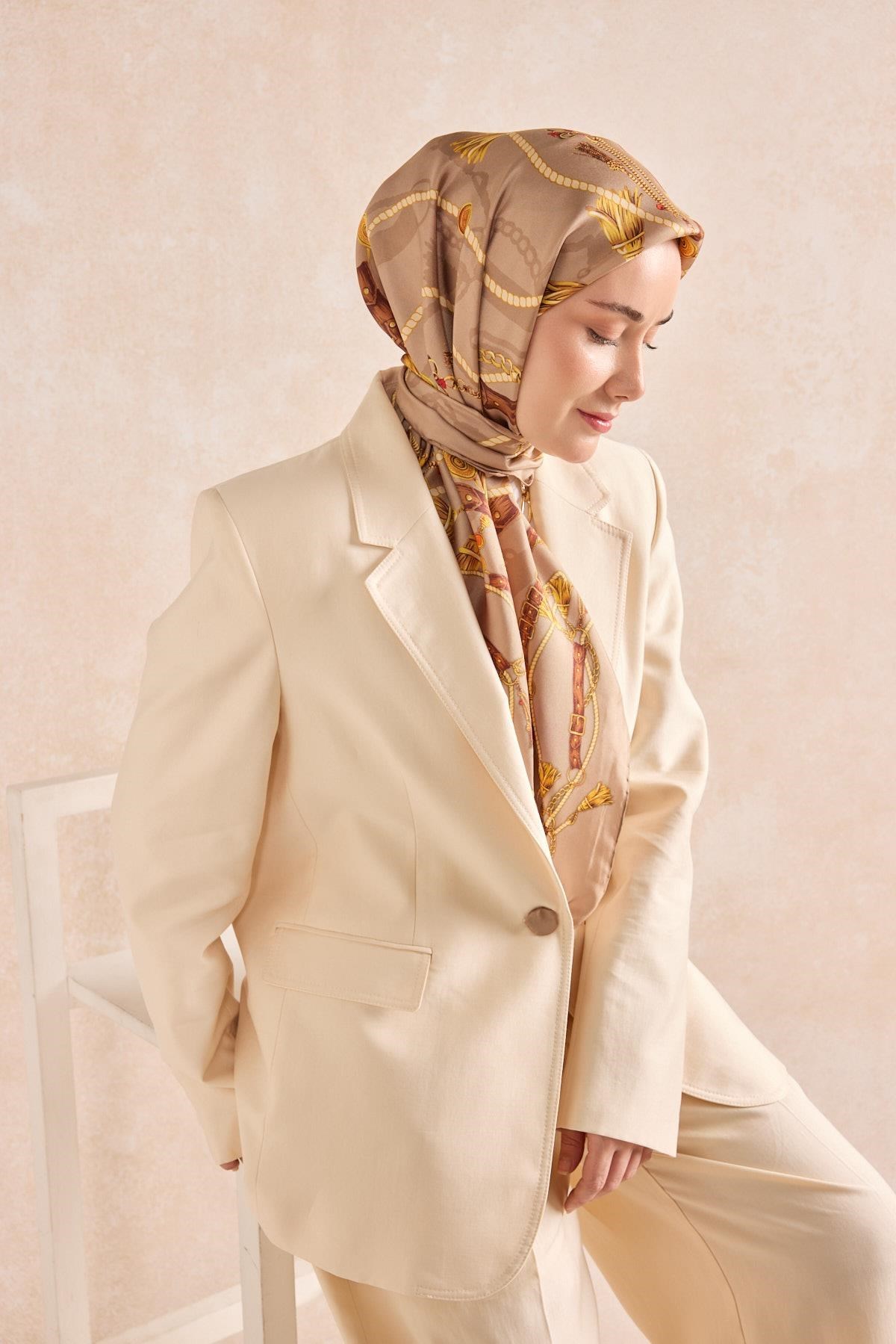 Twill İpek Detailed Belt Eşarp Bej 90x90