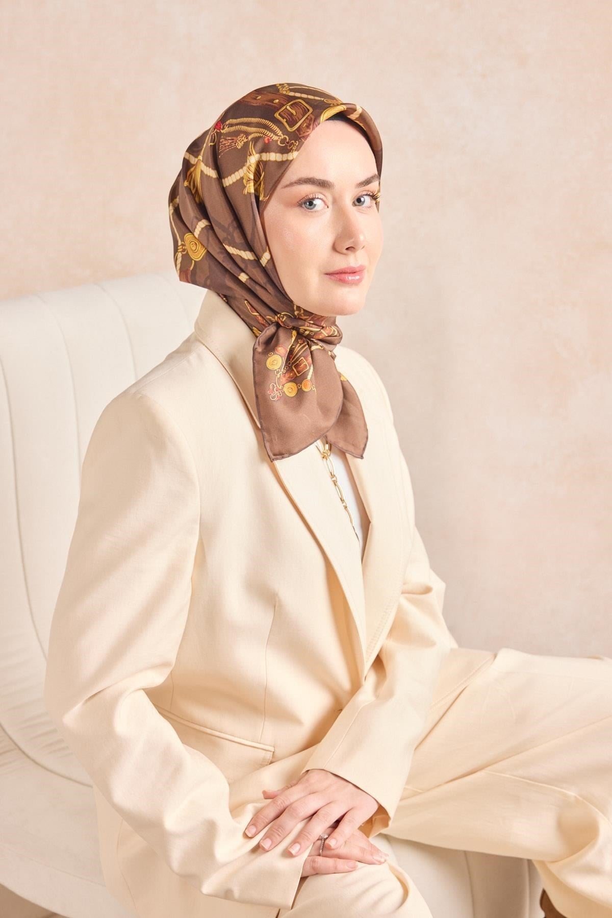 Twill İpek Detailed Belt Eşarp Kahverengi 90x90