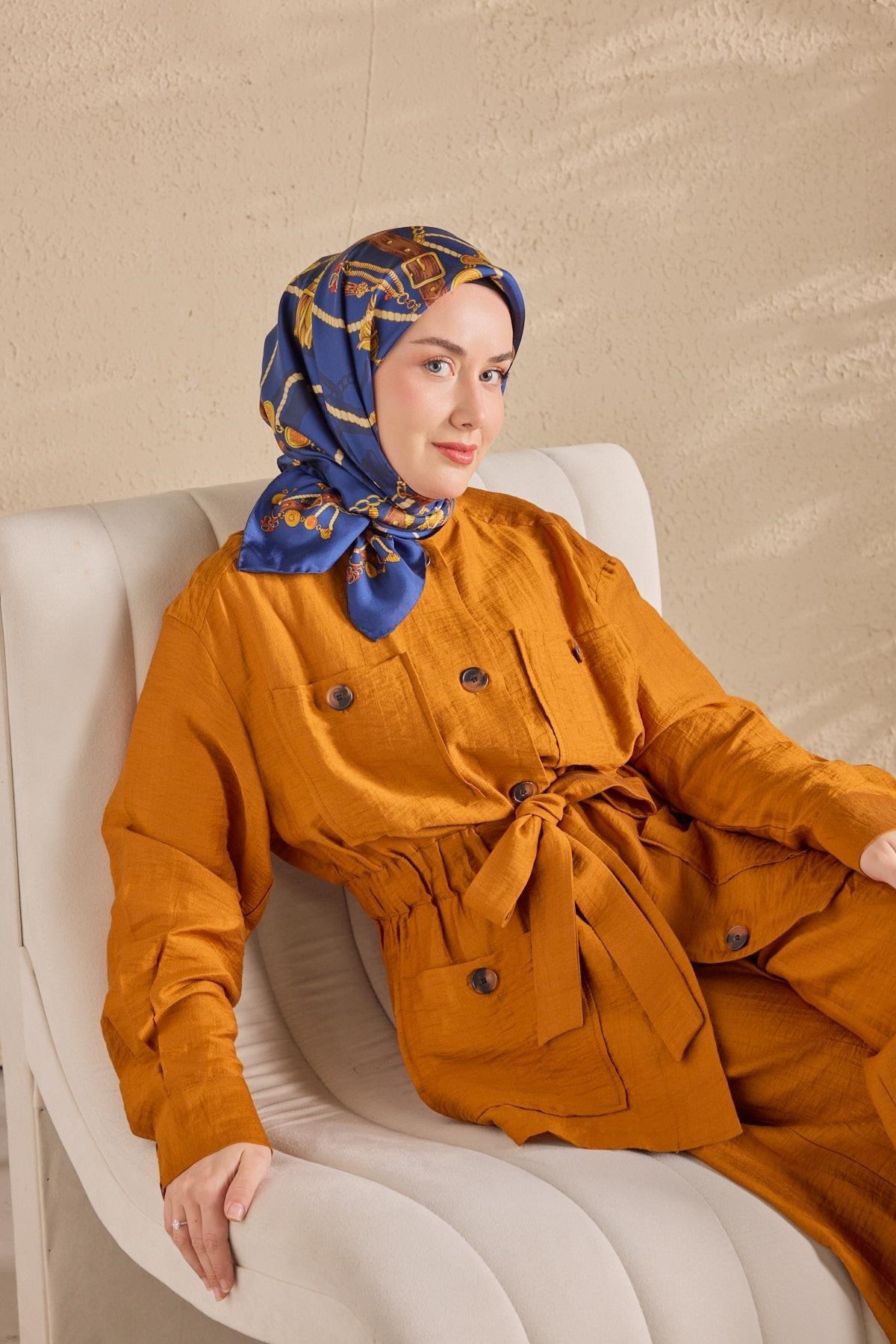 Twill İpek Detailed Belt Eşarp Mavi 90x90