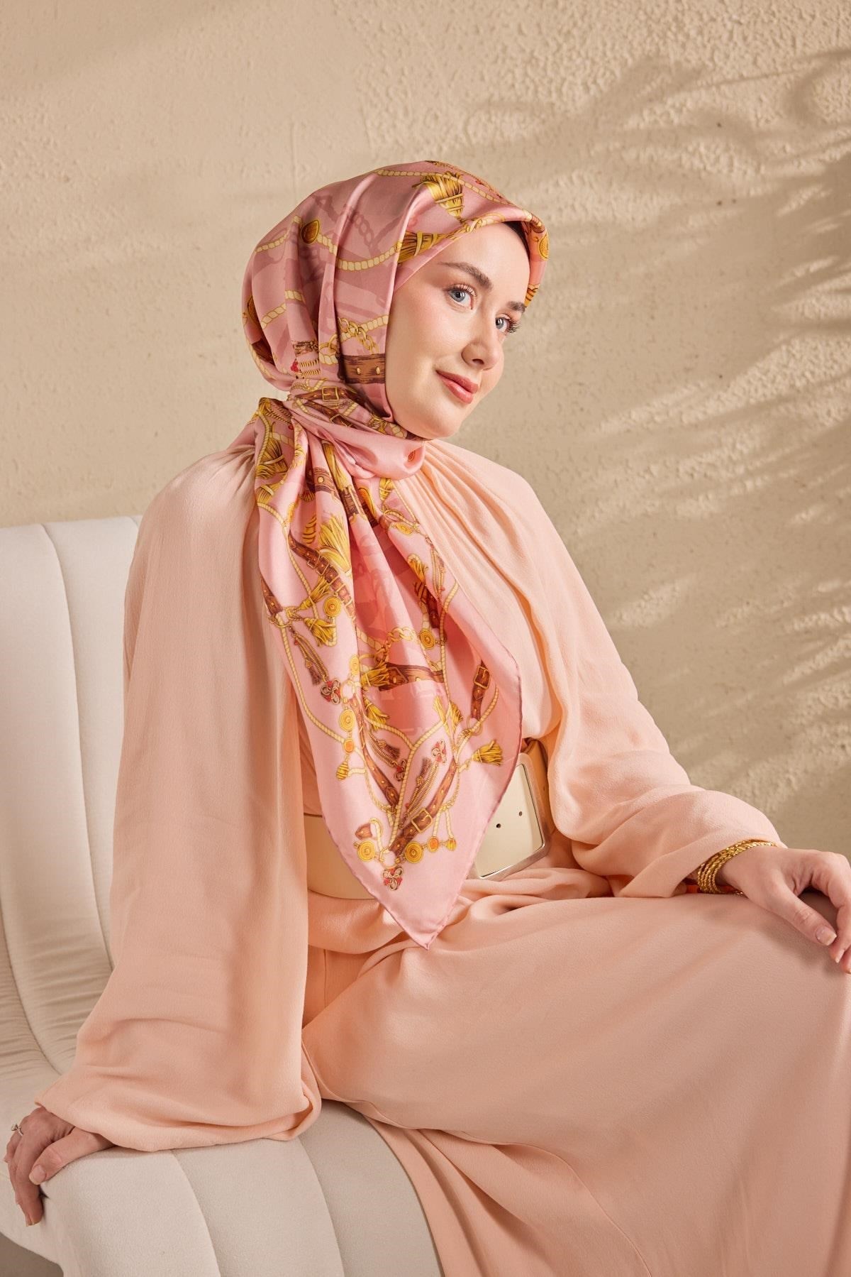 Twill İpek Detailed Belt Eşarp Tozpembe 90x90