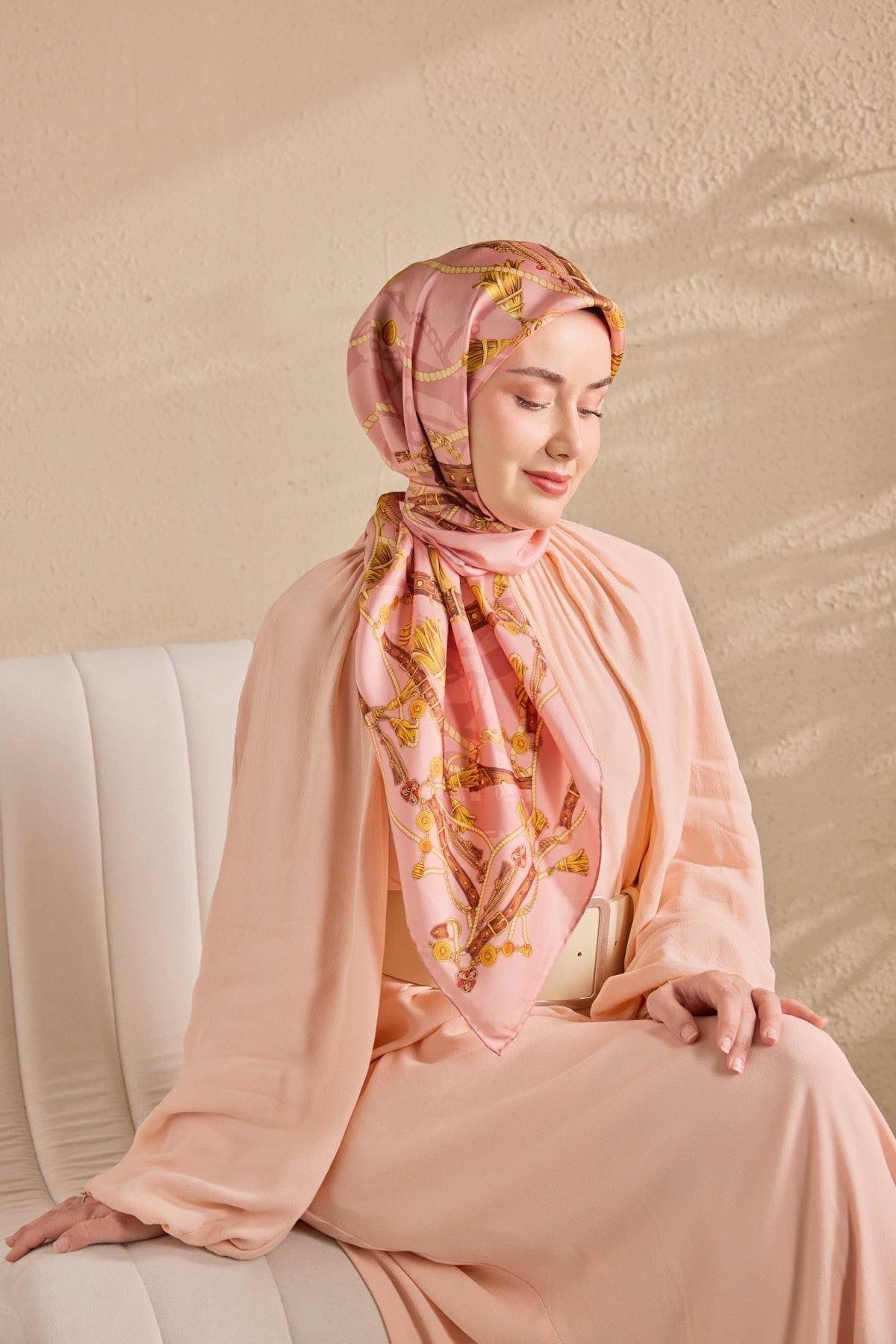 Twill İpek Detailed Belt Eşarp Tozpembe 90x90