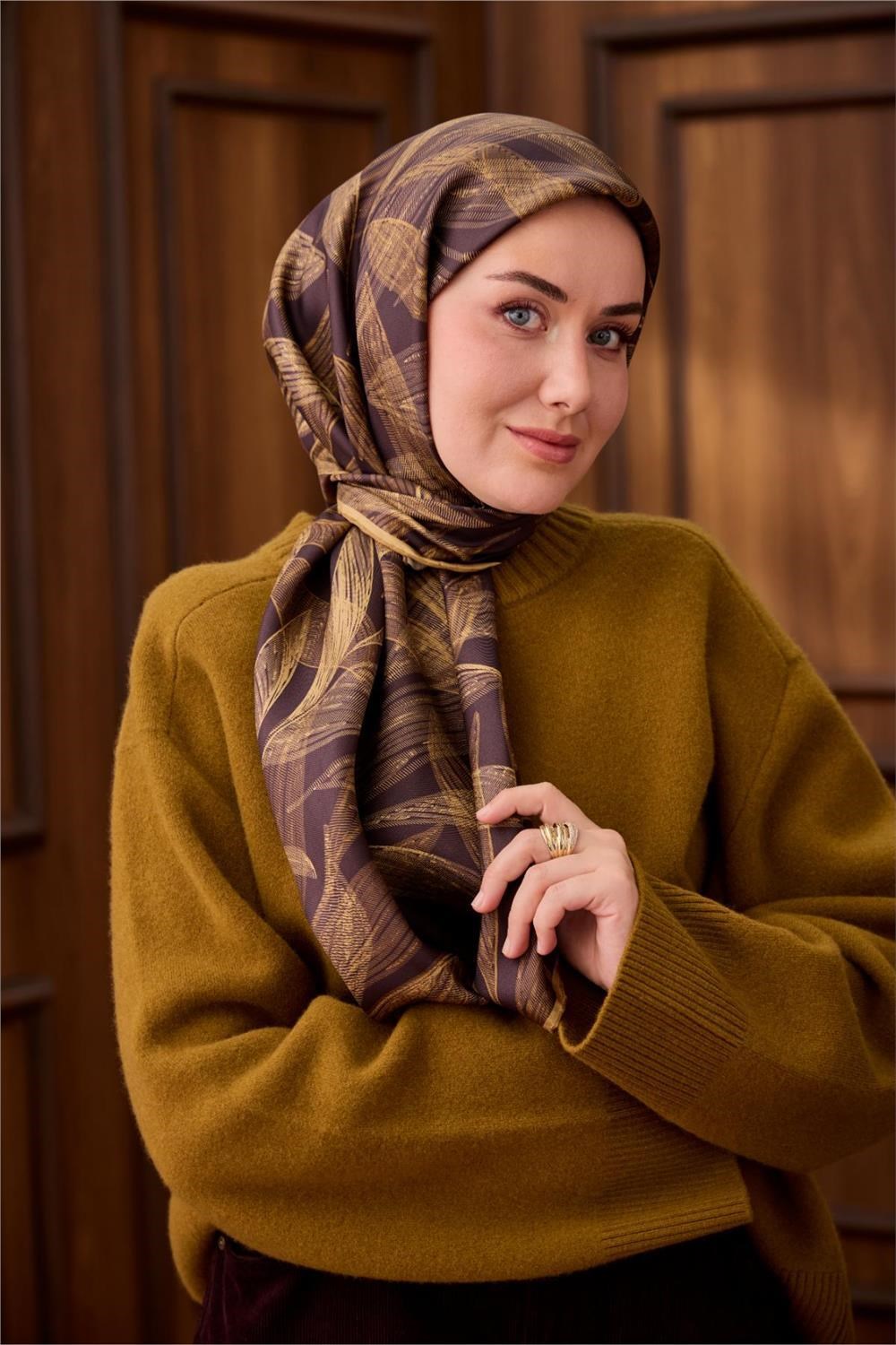 Twill İpek Eşarp Acı Kahve-Açık Gold Gold Geçişli Kaymaz Tok Duruşlu 90x90