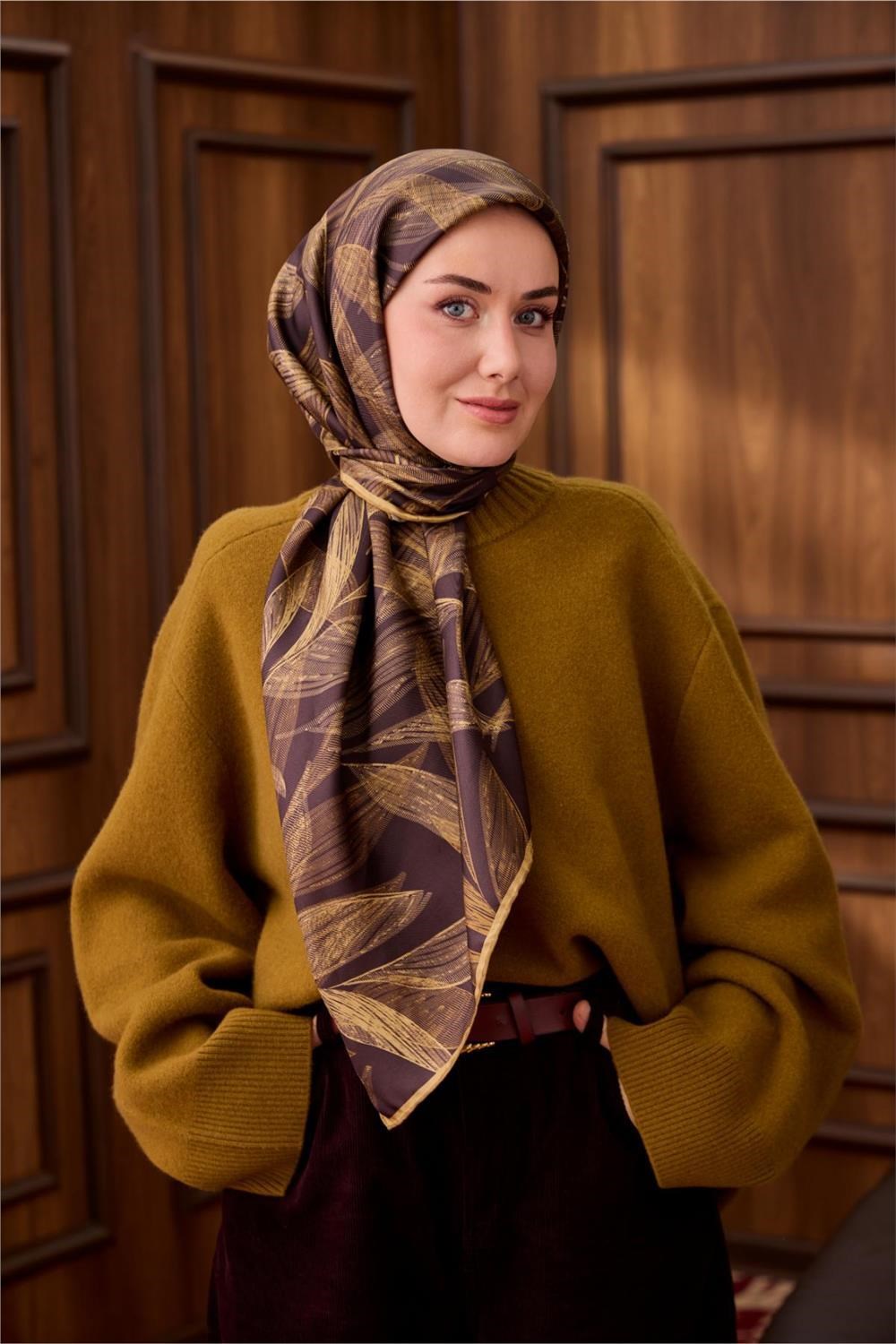 Twill İpek Eşarp Acı Kahve-Açık Gold Gold Geçişli Kaymaz Tok Duruşlu 90x90