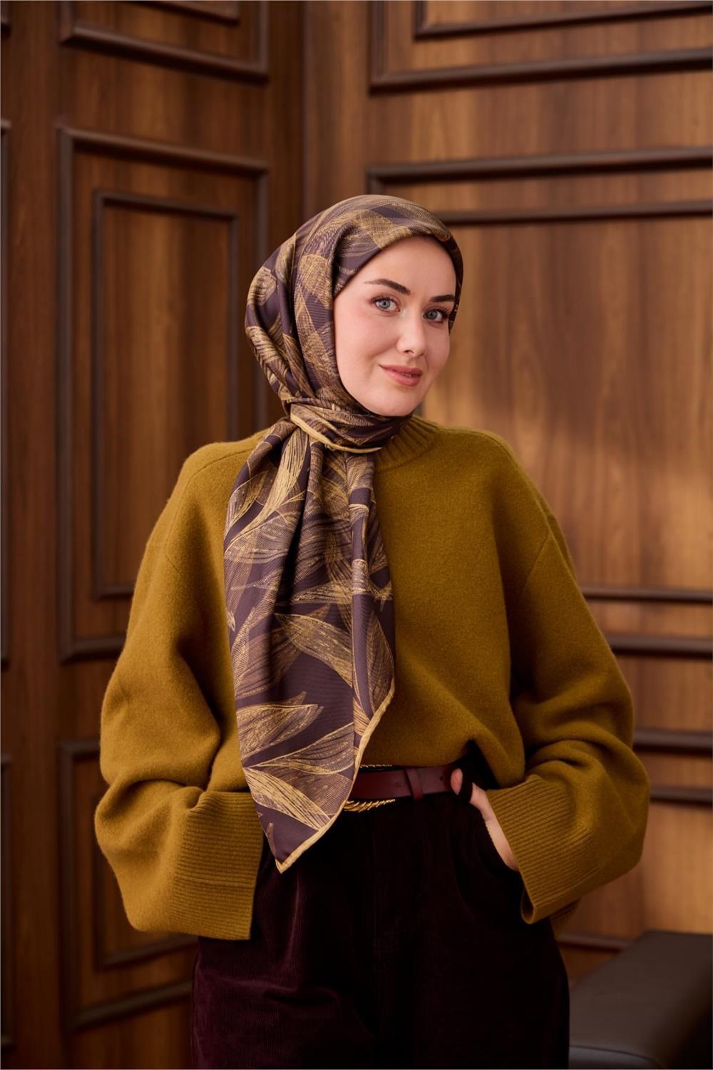 Twill İpek Eşarp Acı Kahve-Açık Gold Gold Geçişli Kaymaz Tok Duruşlu 90x90