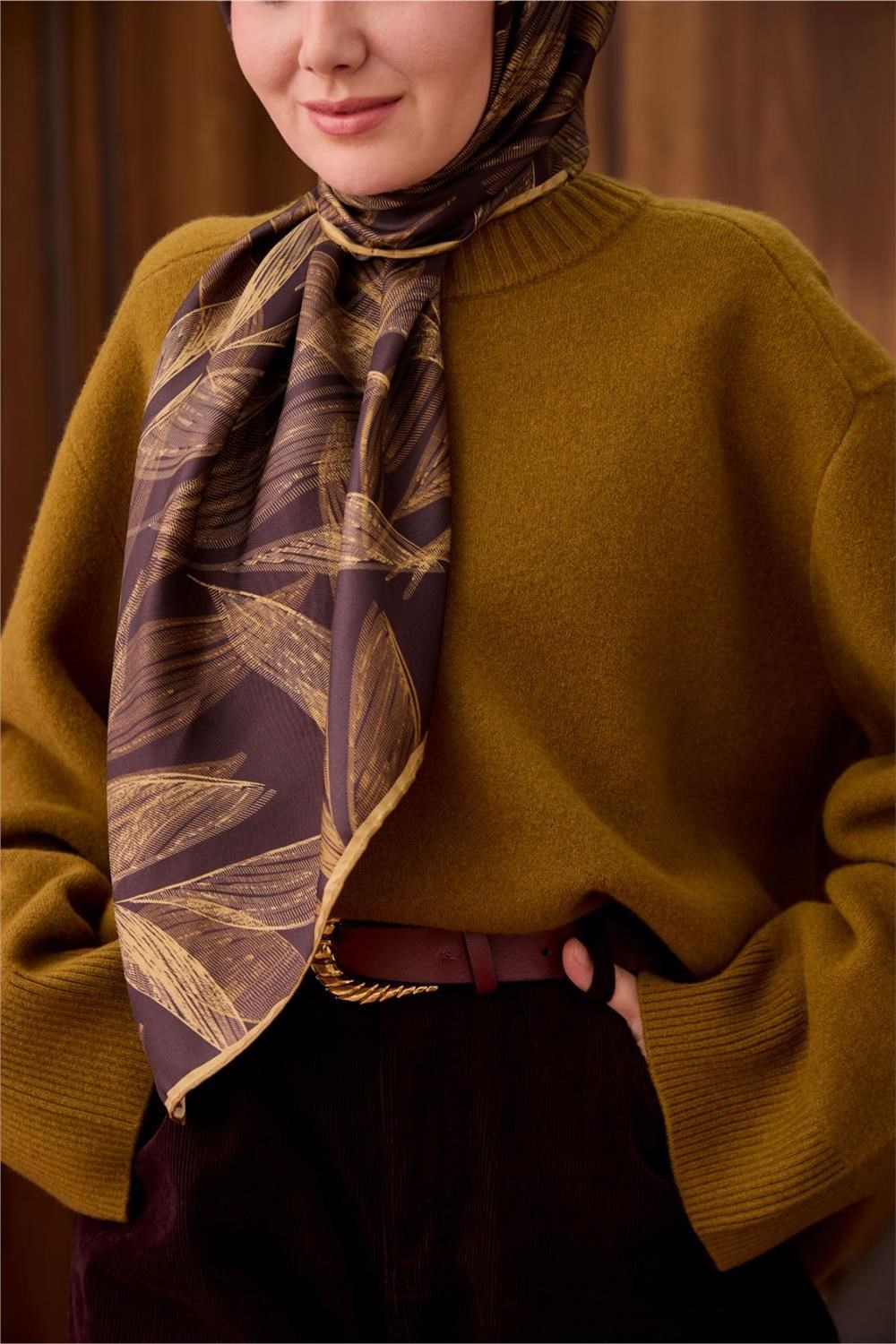 Twill İpek Eşarp Acı Kahve-Açık Gold Gold Geçişli Kaymaz Tok Duruşlu 90x90