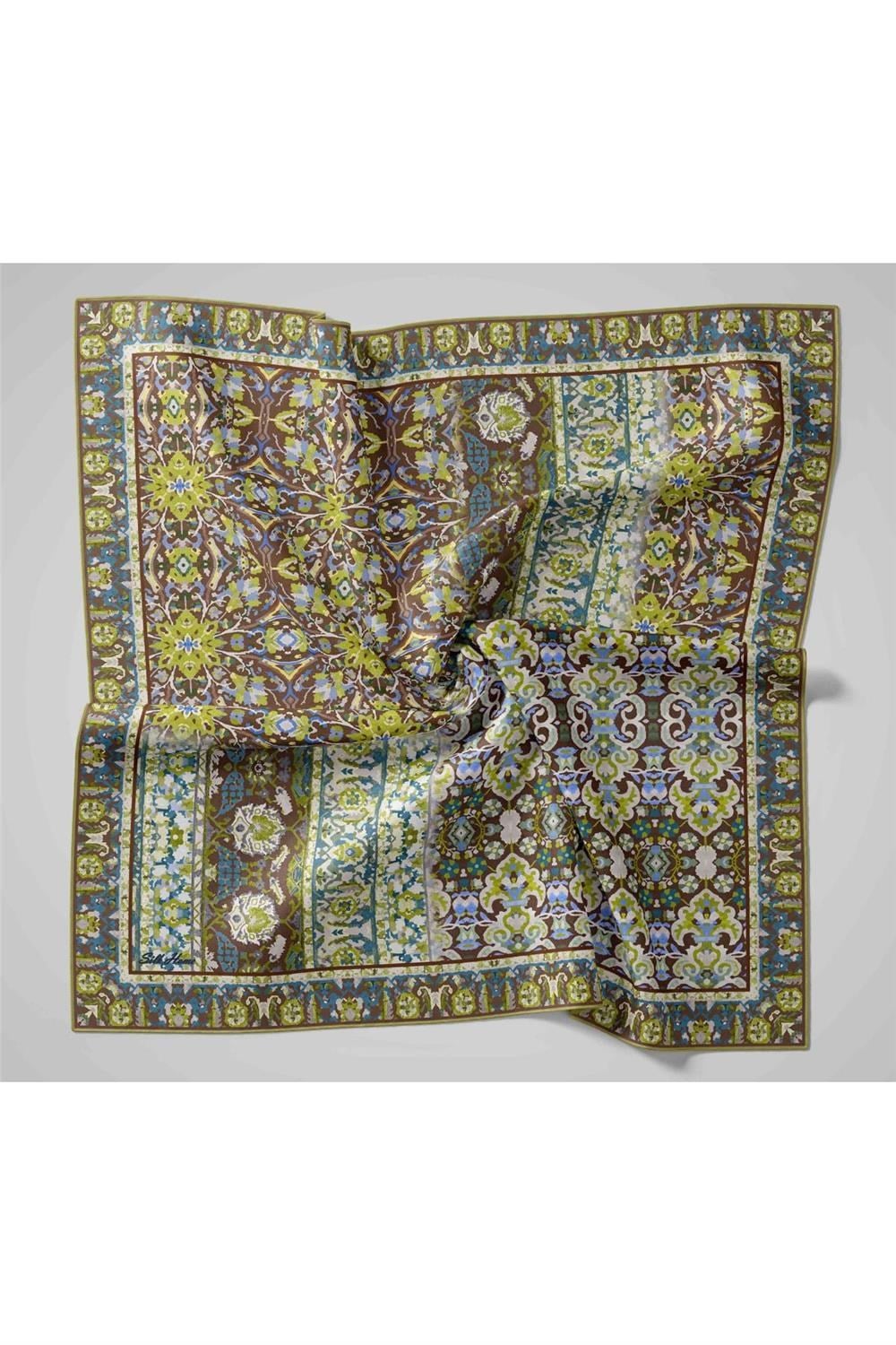 Twill İpek Eşarp Acı Kahve-Fıstık Yeşili Desenli Tok Duruşlu 90x90
