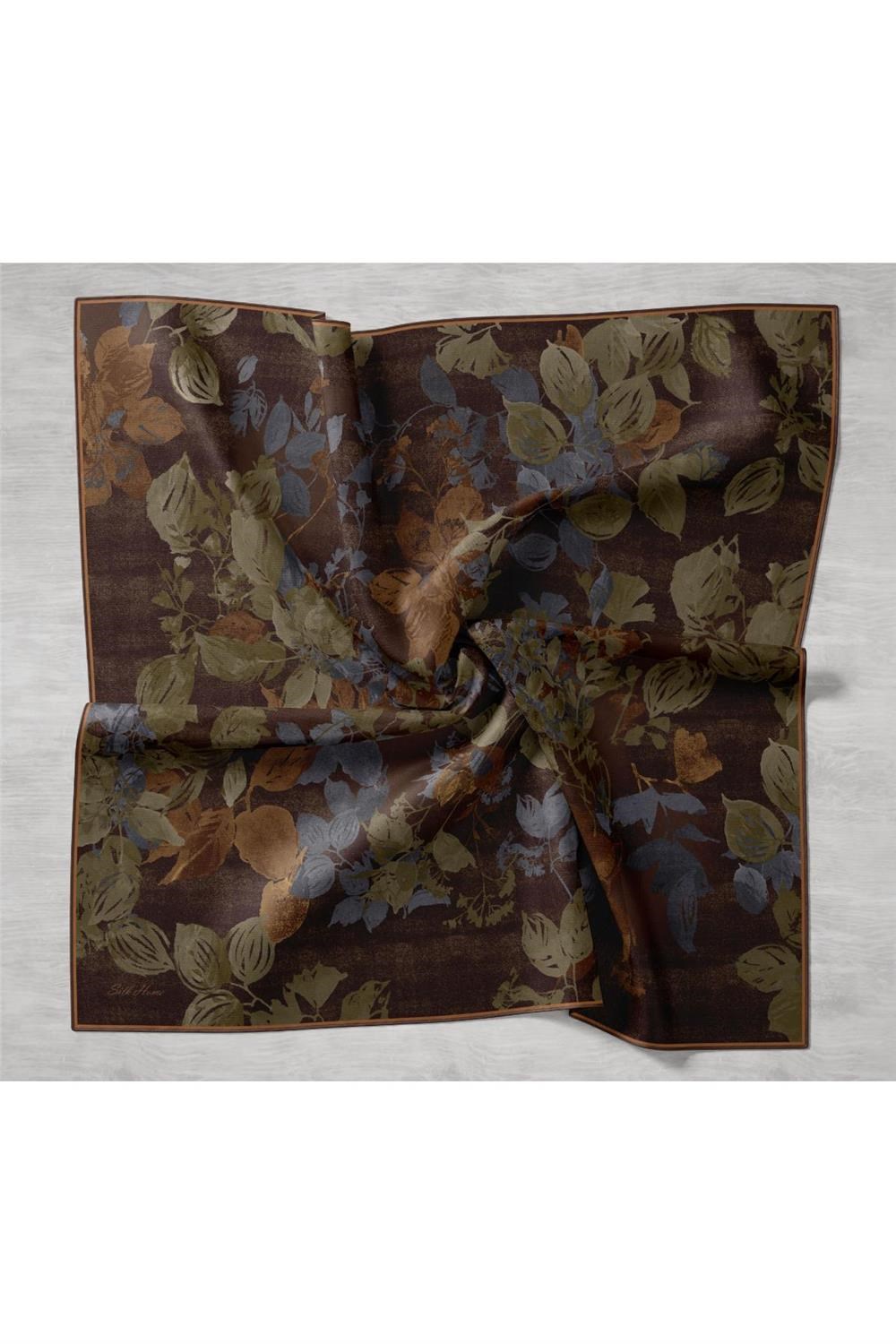 Twill İpek Eşarp Açı Kahve-Kına Yeşili Çiçek Desenli Tok Duruşlu 90x90