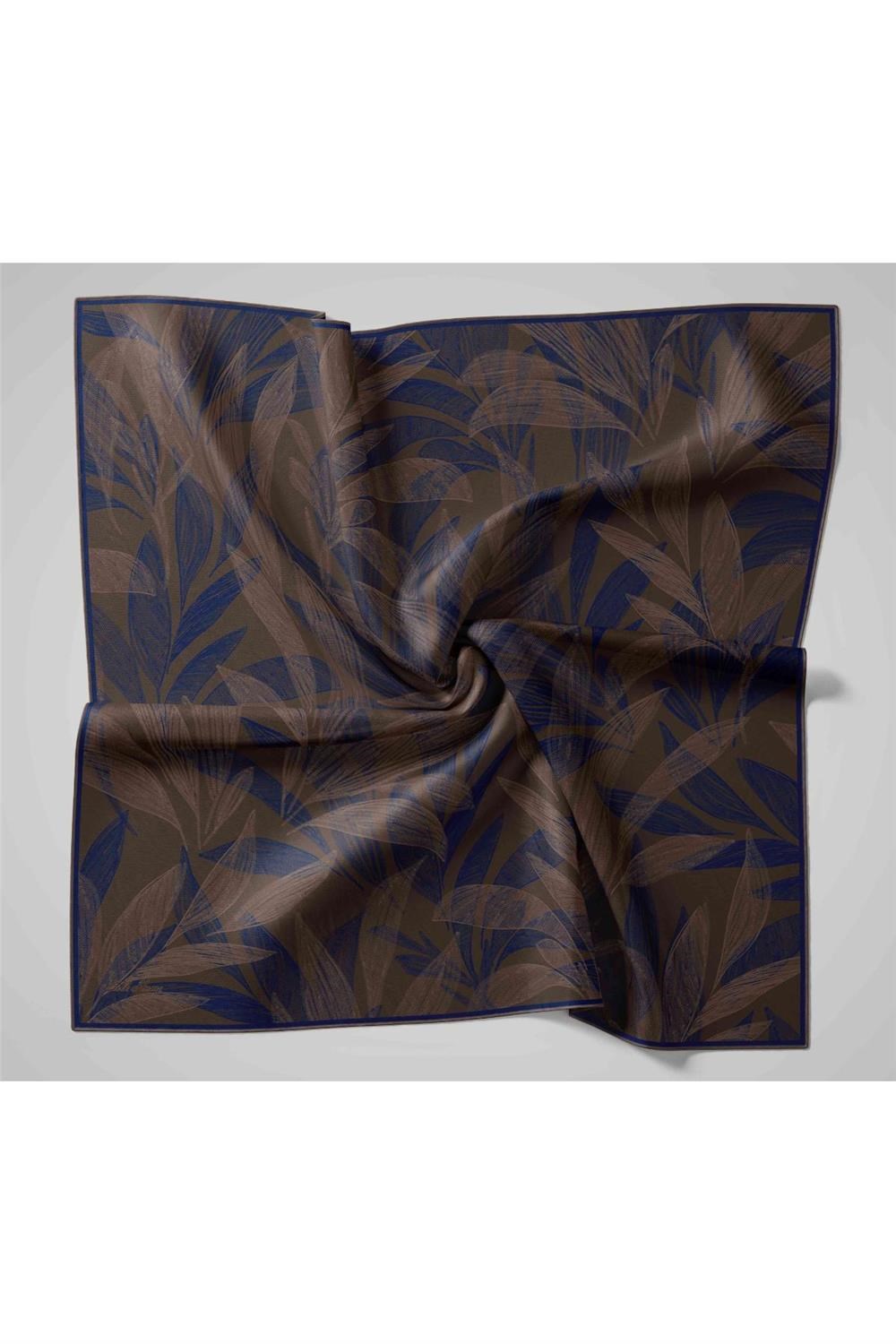 Twill İpek Eşarp Acı Kahve-Lacivert Desenli Tok Duruşlu 90x90