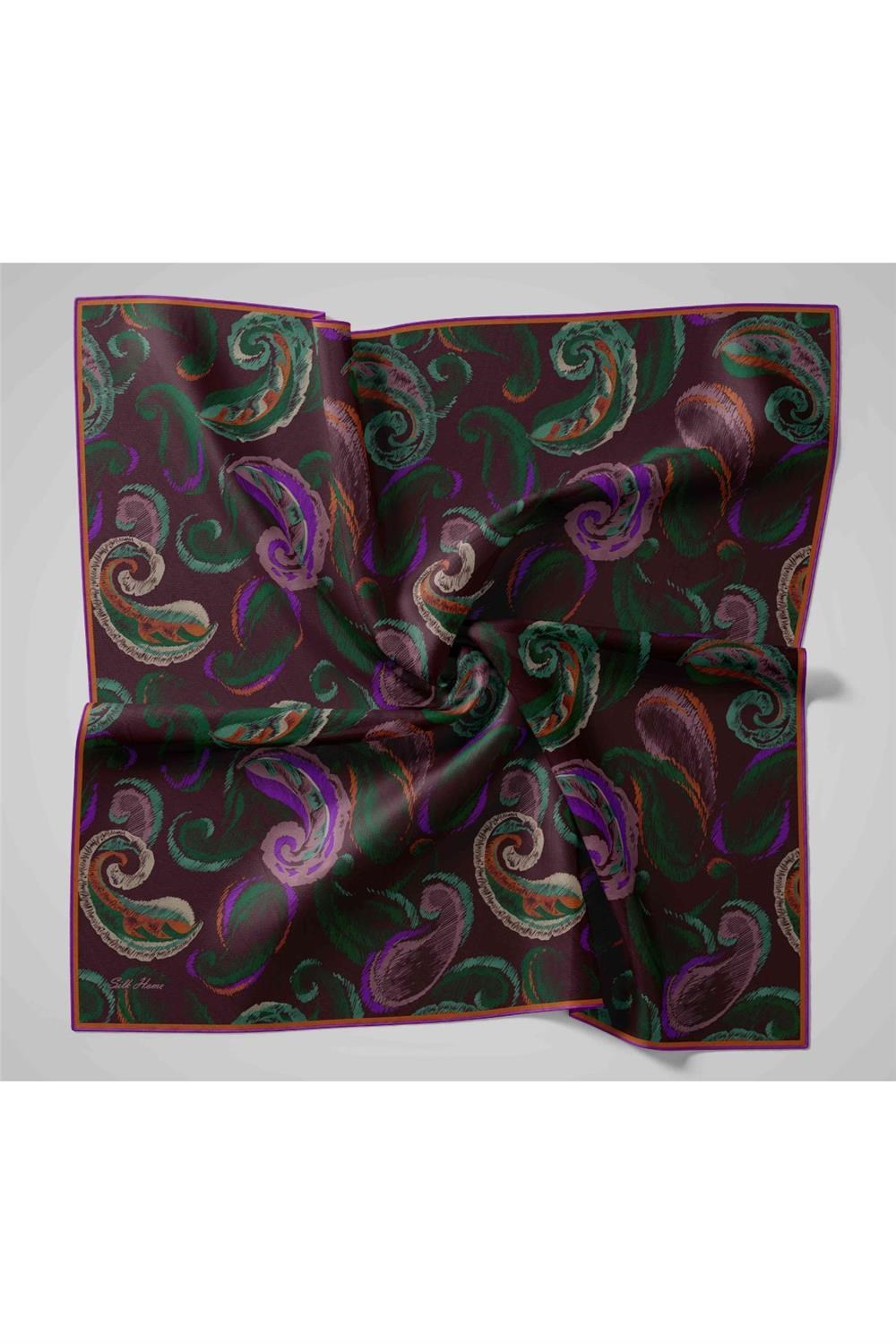 Twill İpek Eşarp Acı Kahve-Patina Desenli Tok Duruşlu 90x90