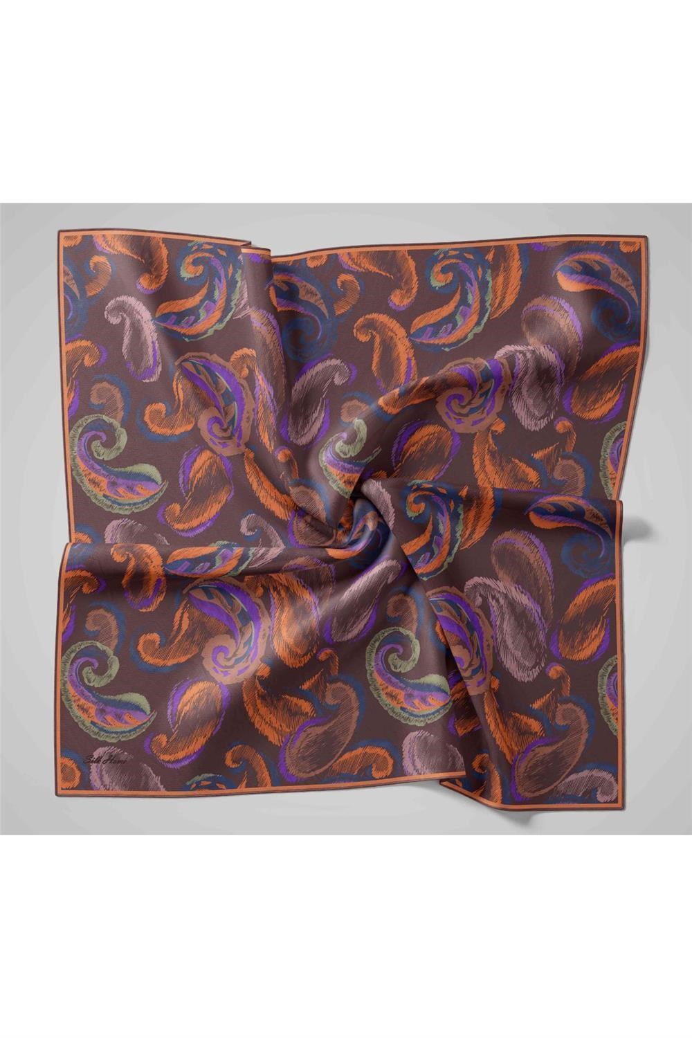 Twill İpek Eşarp Acı Kahve-Turuncu Desenli Tok Duruşlu 90x90