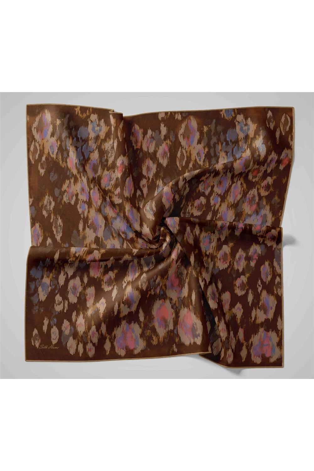 Twill İpek Eşarp Acı Kahve-Vizon Desenli Tok Duruşlu 90x90