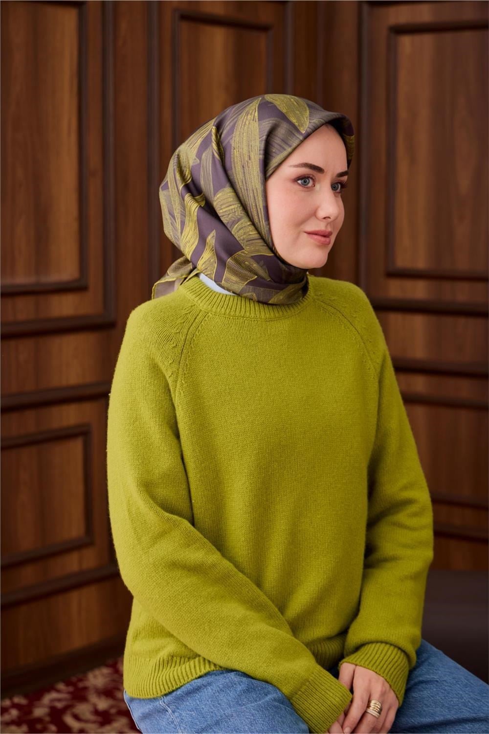 Twill İpek Eşarp Antrasit-Asit Yeşili Desenli Tok Duruşlu 90x90