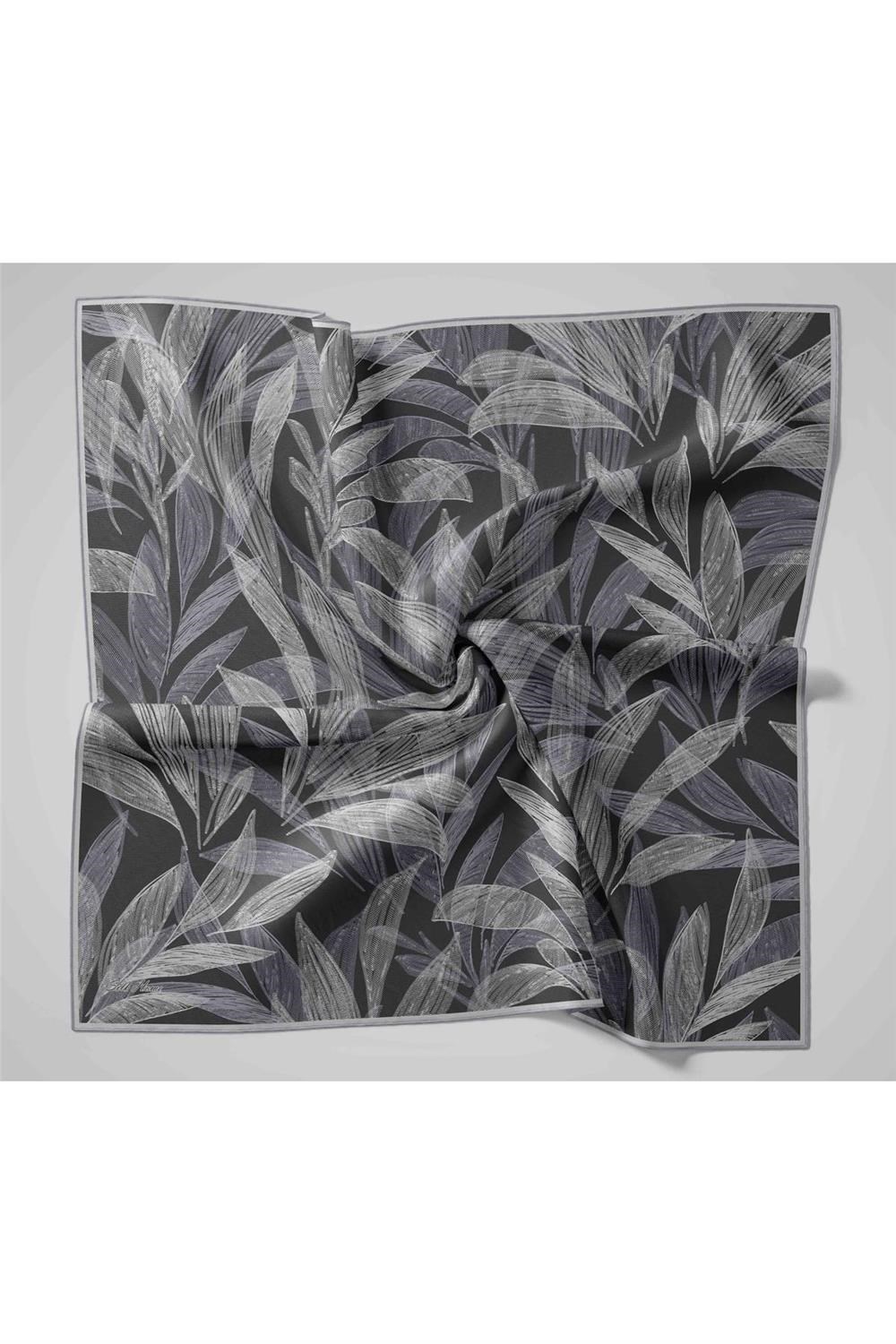 Twill İpek Eşarp Antrasit-Gri Gümüş Geçişli Kaymaz Tok Duruşlu 90x90
