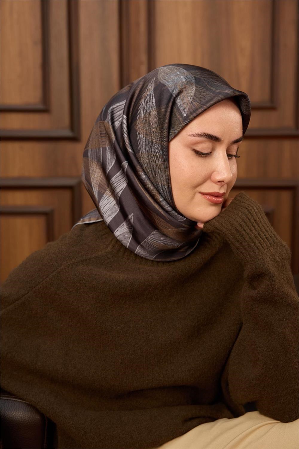 Twill İpek Eşarp Antrasit-Gri Vizon Geçişli Kaymaz Tok Duruşlu 90x90