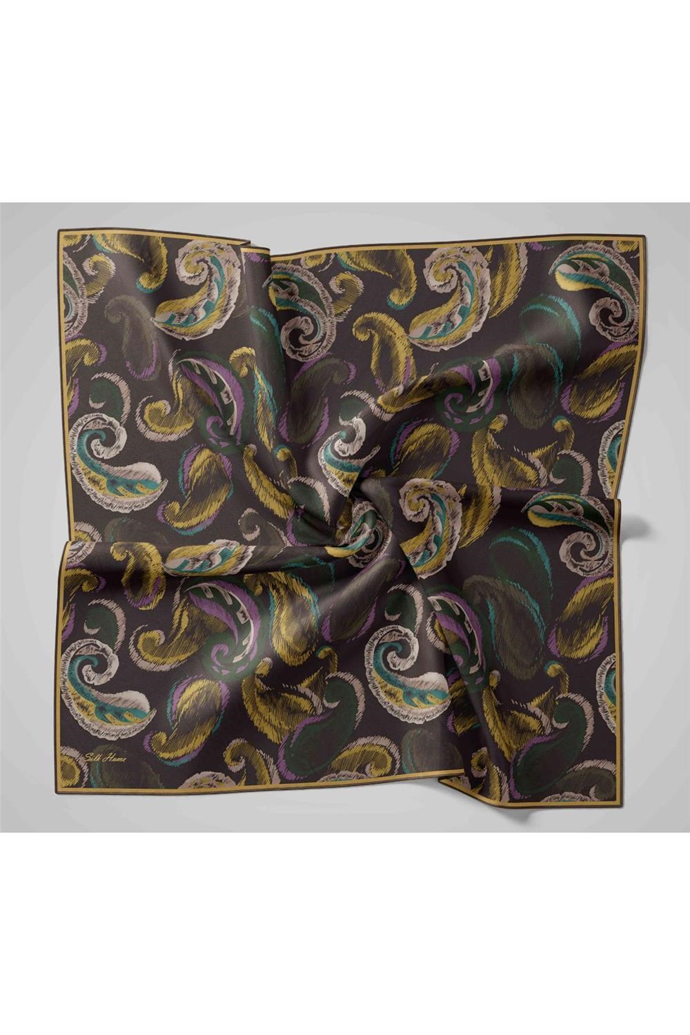 Twill İpek Eşarp Antrasit-Haki Desenli Tok Duruşlu 90x90