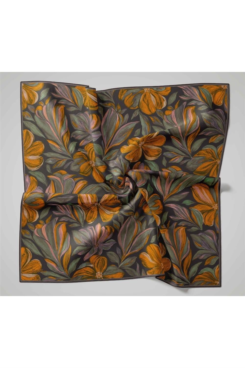Twill İpek Eşarp Antrasit-Hardal Desenli Tok Duruşlu 90x90