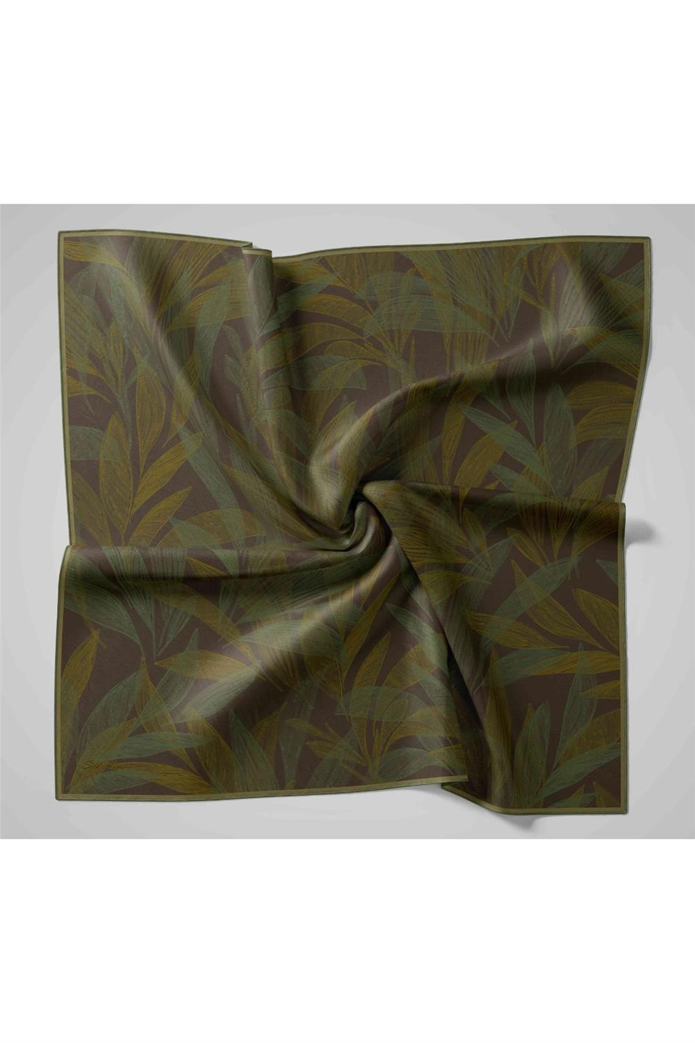 Twill İpek Eşarp Antrasit-Koyu Yeşil Desenli Tok Duruşlu 90x90