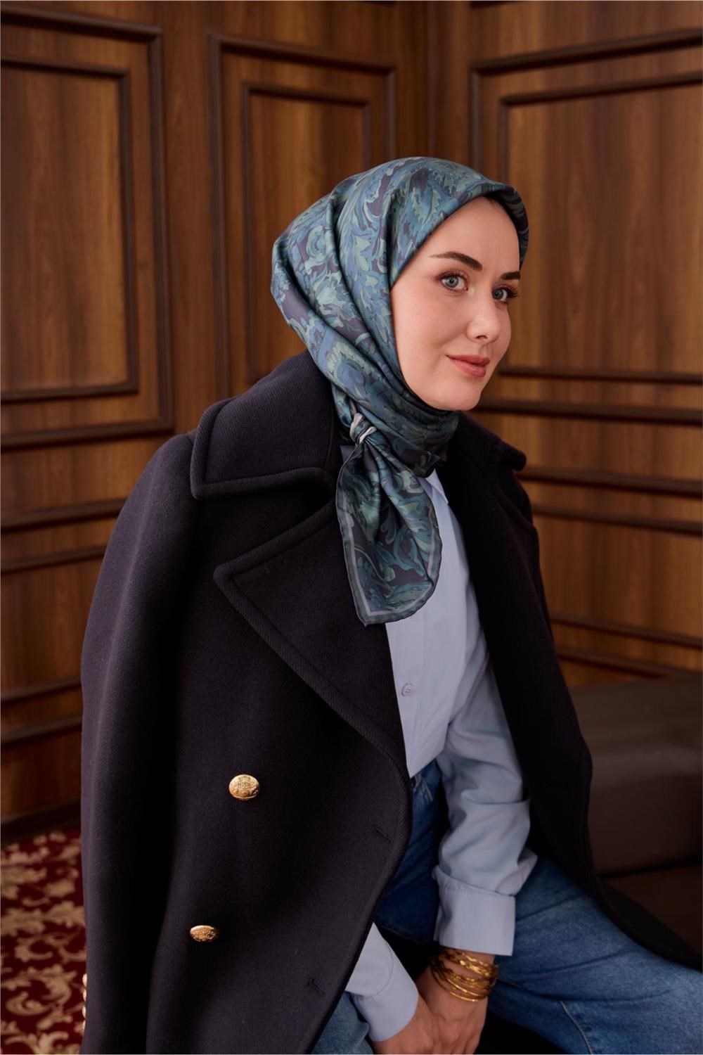 Twill İpek Eşarp Antrasit-Sisli Yeşil Desenli Tok Duruşlu 90x90