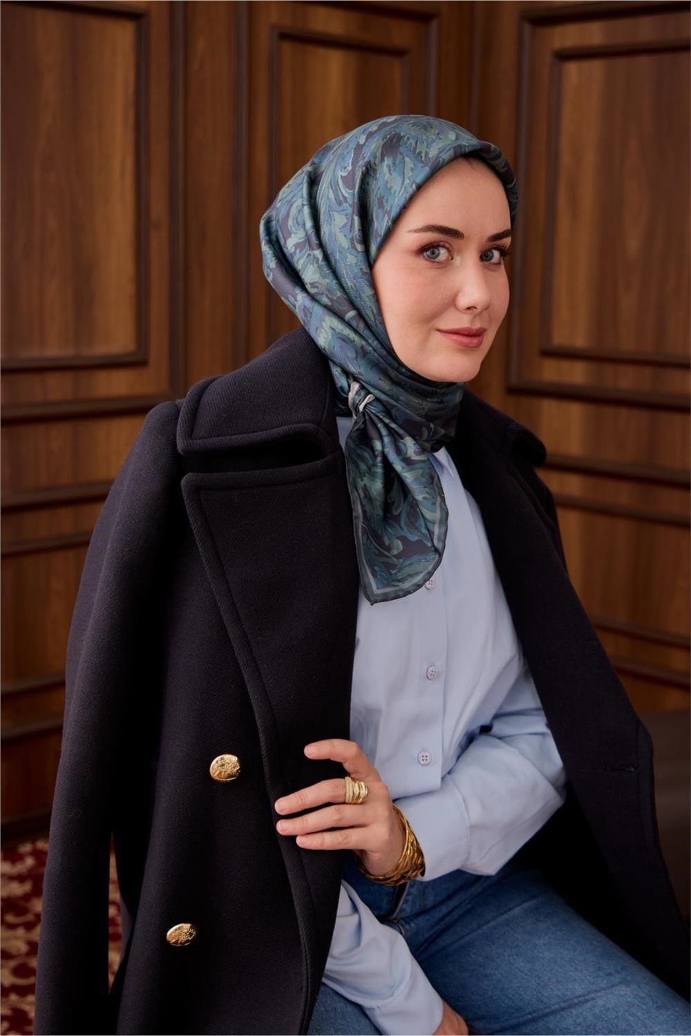 Twill İpek Eşarp Antrasit-Sisli Yeşil Desenli Tok Duruşlu 90x90