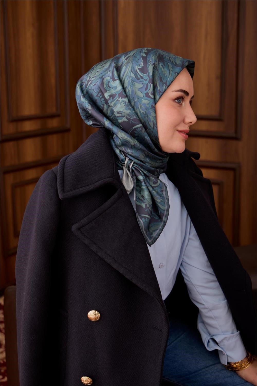 Twill İpek Eşarp Antrasit-Sisli Yeşil Desenli Tok Duruşlu 90x90