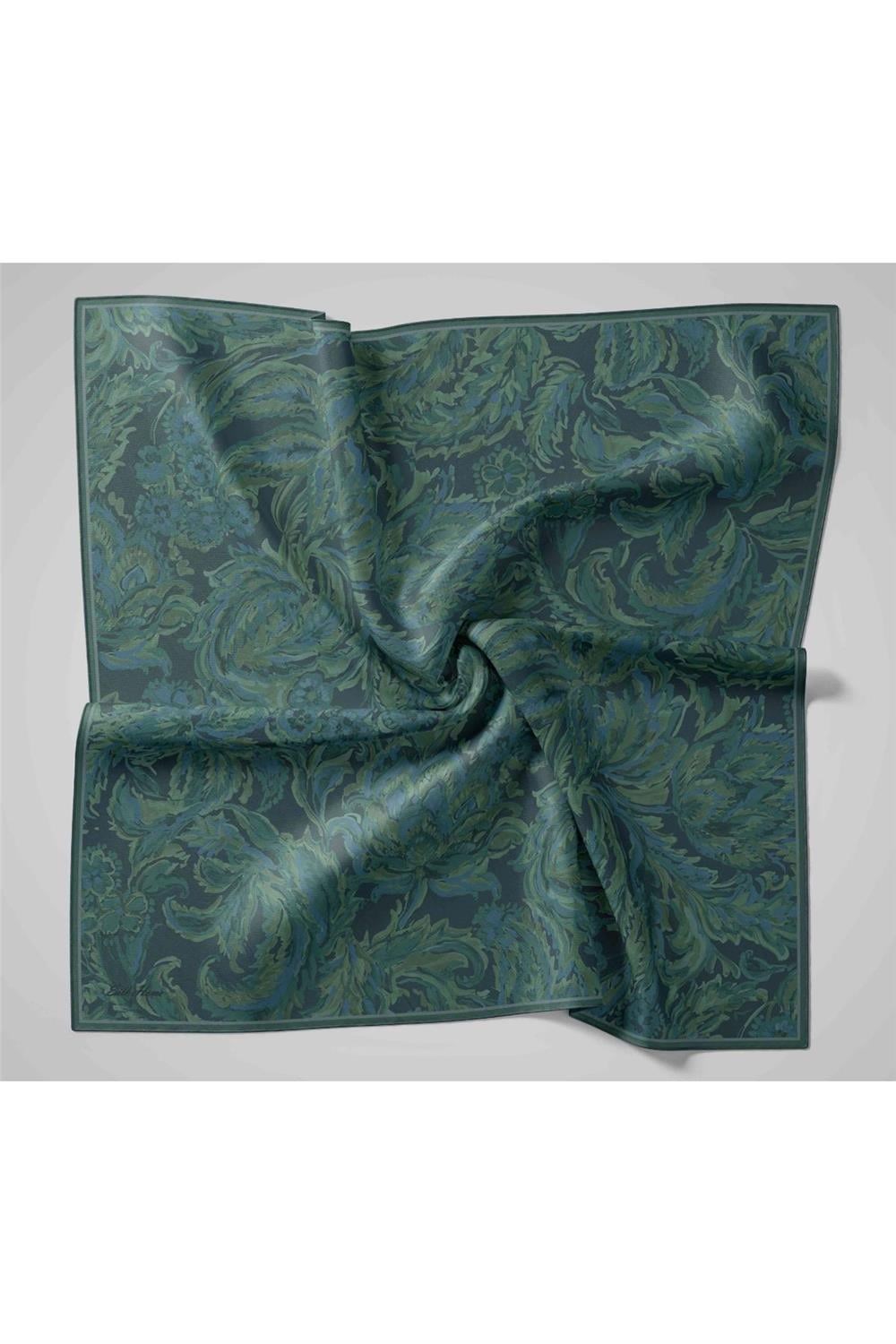 Twill İpek Eşarp Antrasit-Sisli Yeşil Desenli Tok Duruşlu 90x90