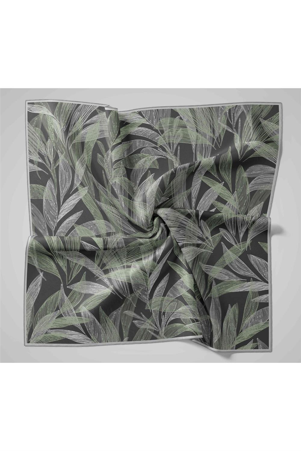 Twill İpek Eşarp Antrasit-Su Yeşili Desenli Tok Duruşlu 90x90