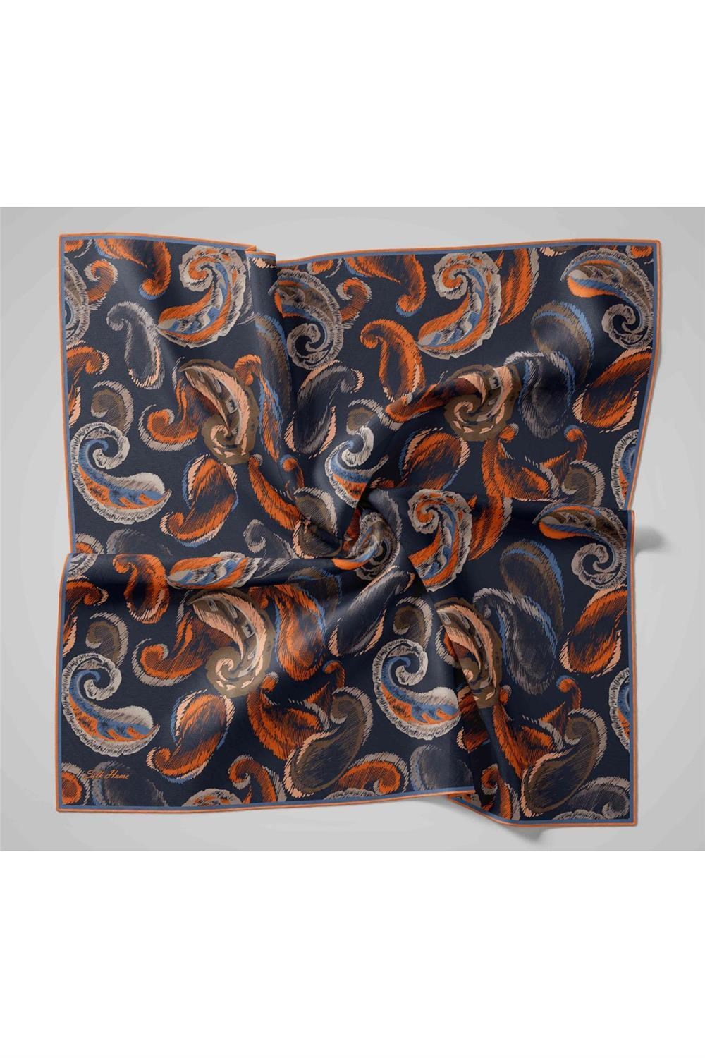 Twill İpek Eşarp Antrasit-Turuncu Desenli Tok Duruşlu 90x90