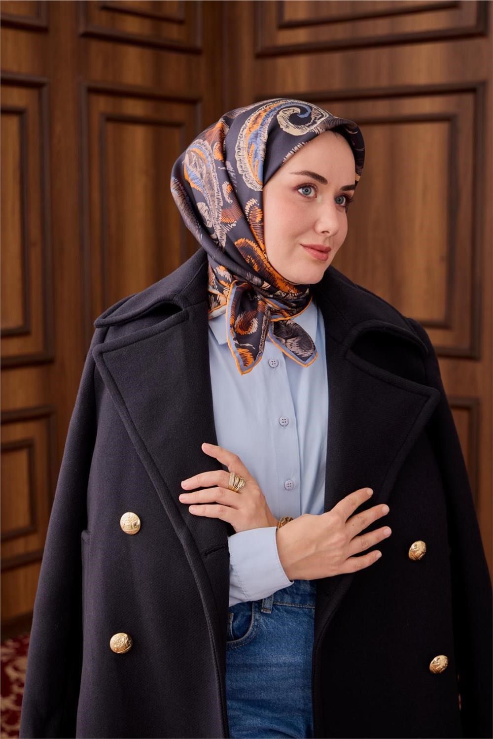 Twill İpek Eşarp Antrasit-Turuncu Desenli Tok Duruşlu 90x90