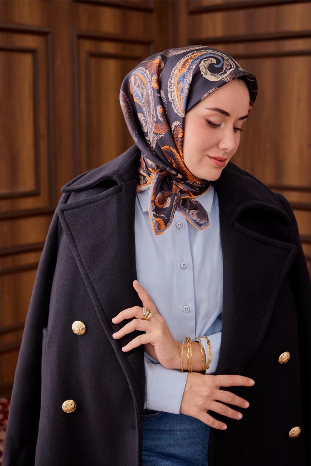 Twill İpek Eşarp Antrasit-Turuncu Desenli Tok Duruşlu 90x90