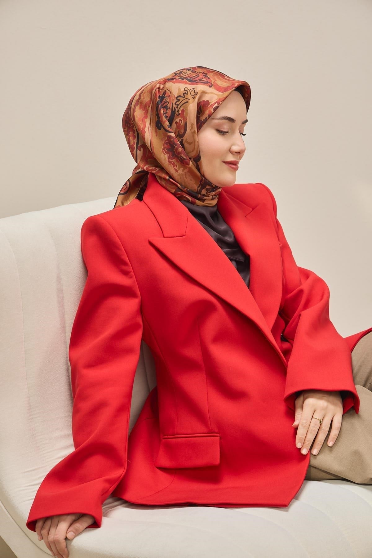 Twill İpek Eşarp Art Desen Bordo 90x90