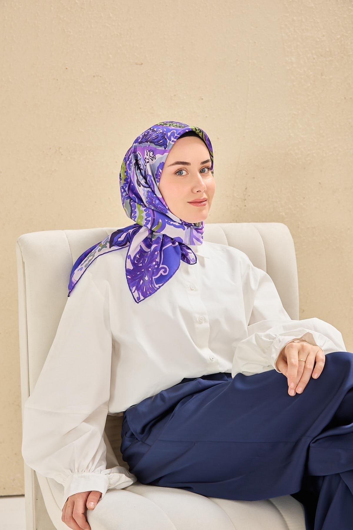 Twill İpek Eşarp Art Desen Canlı Mor 90x90
