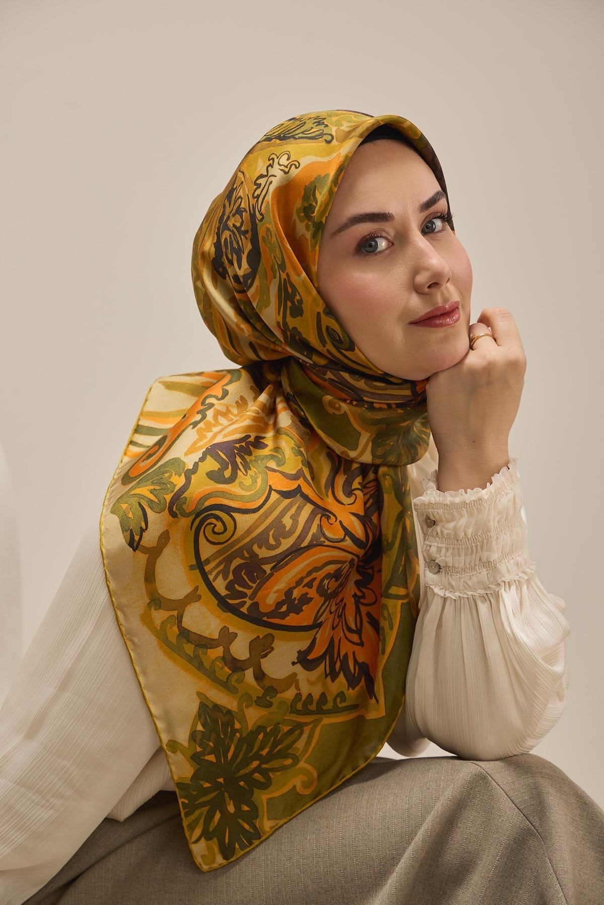 Twill İpek Eşarp Art Desen Haki 90x90