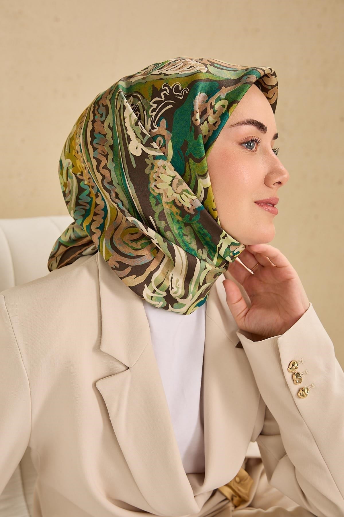 Twill İpek Eşarp Art Desen Koyu Yeşil 90x90