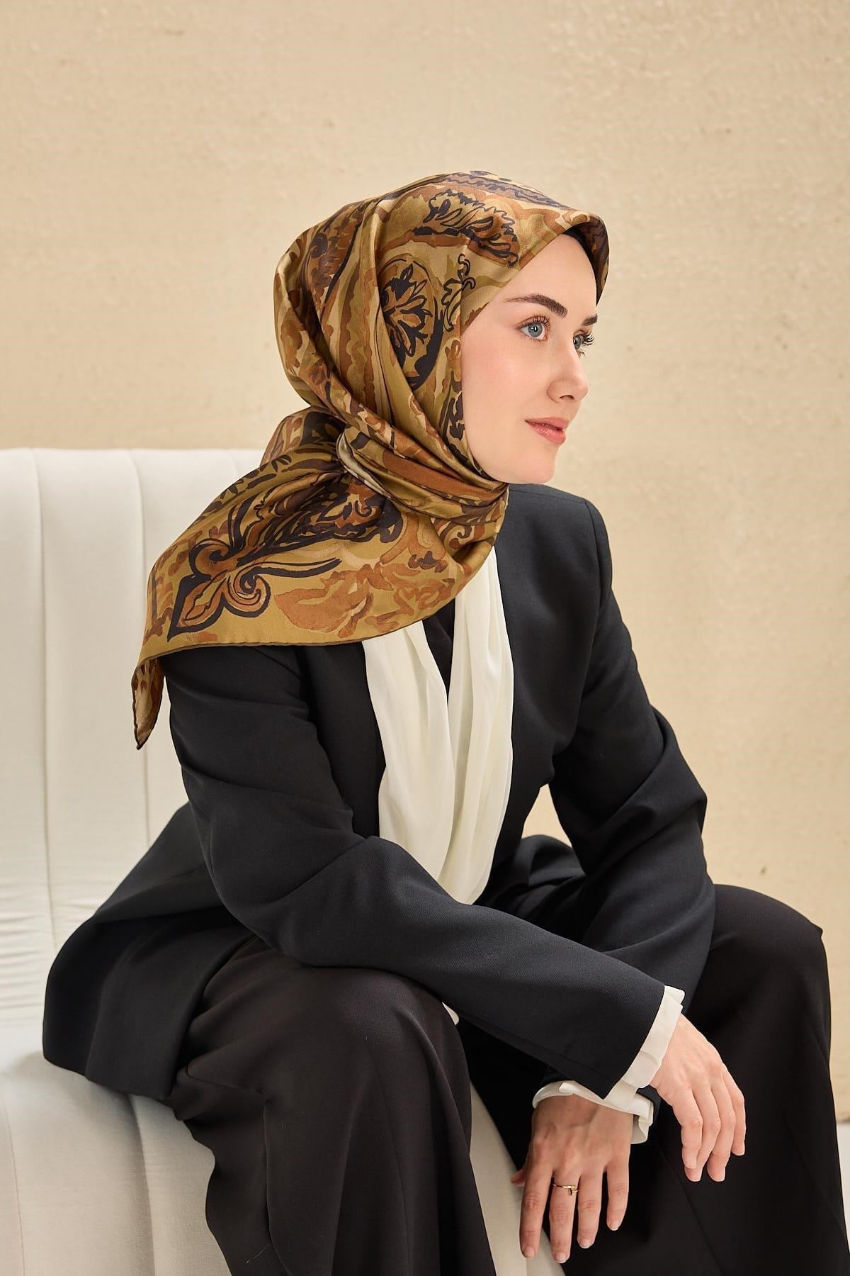Twill İpek Eşarp Art Desen Olive 90x90