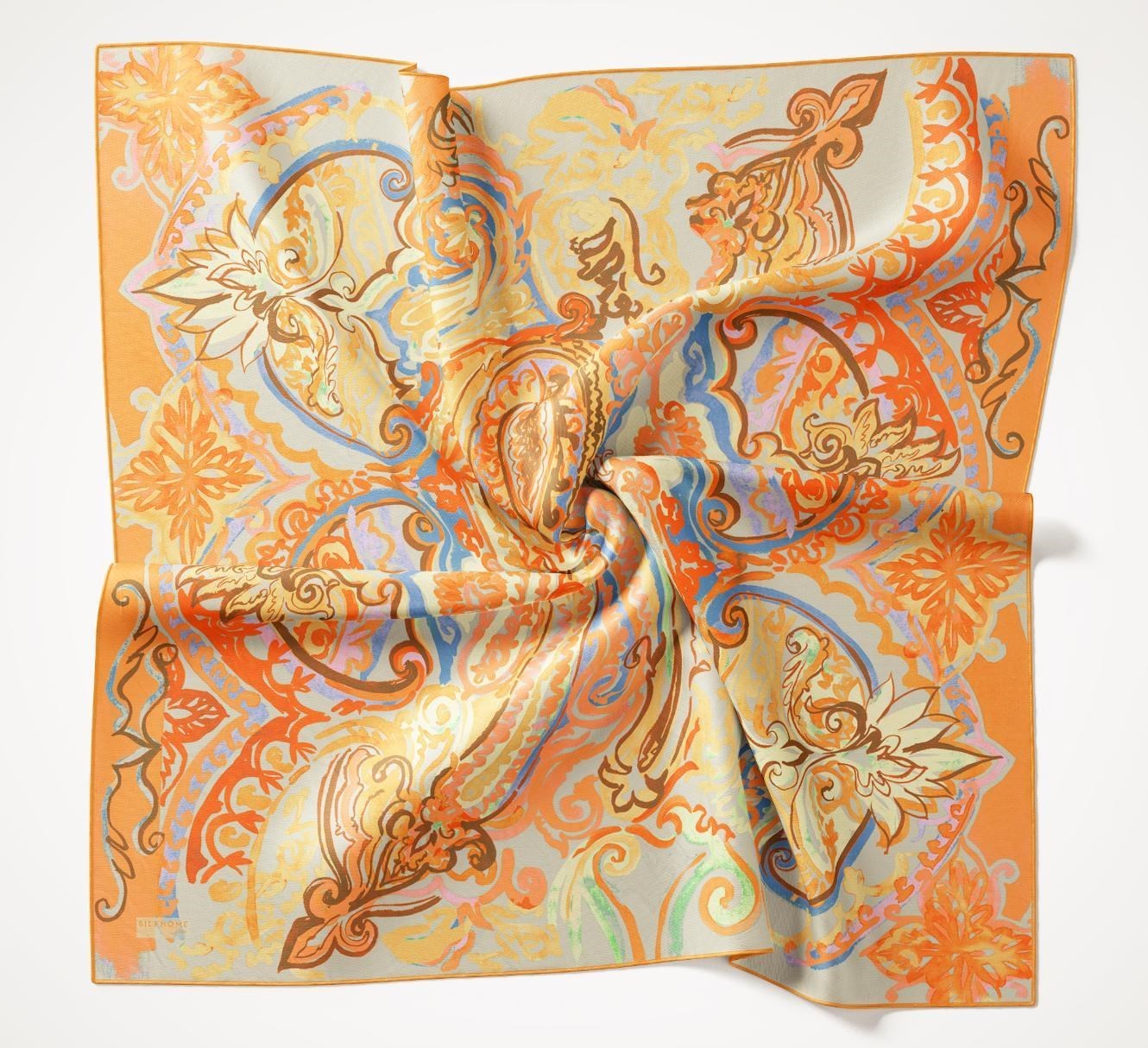 Twill İpek Eşarp Art Desen Pastel Turuncu 90x90