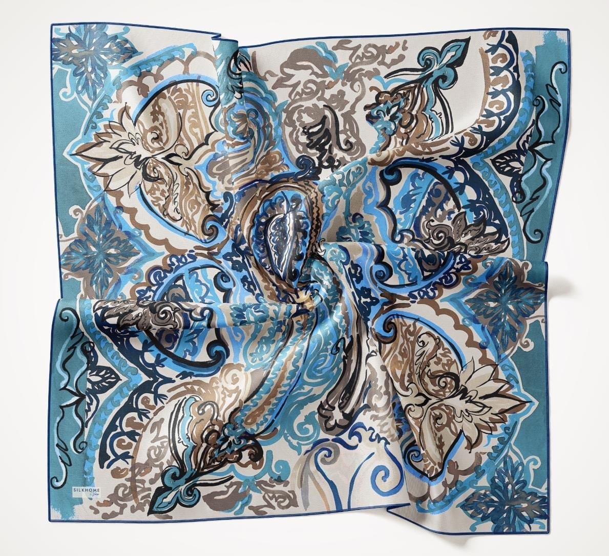 Twill İpek Eşarp Art Desen Petrol Mavi 90x90