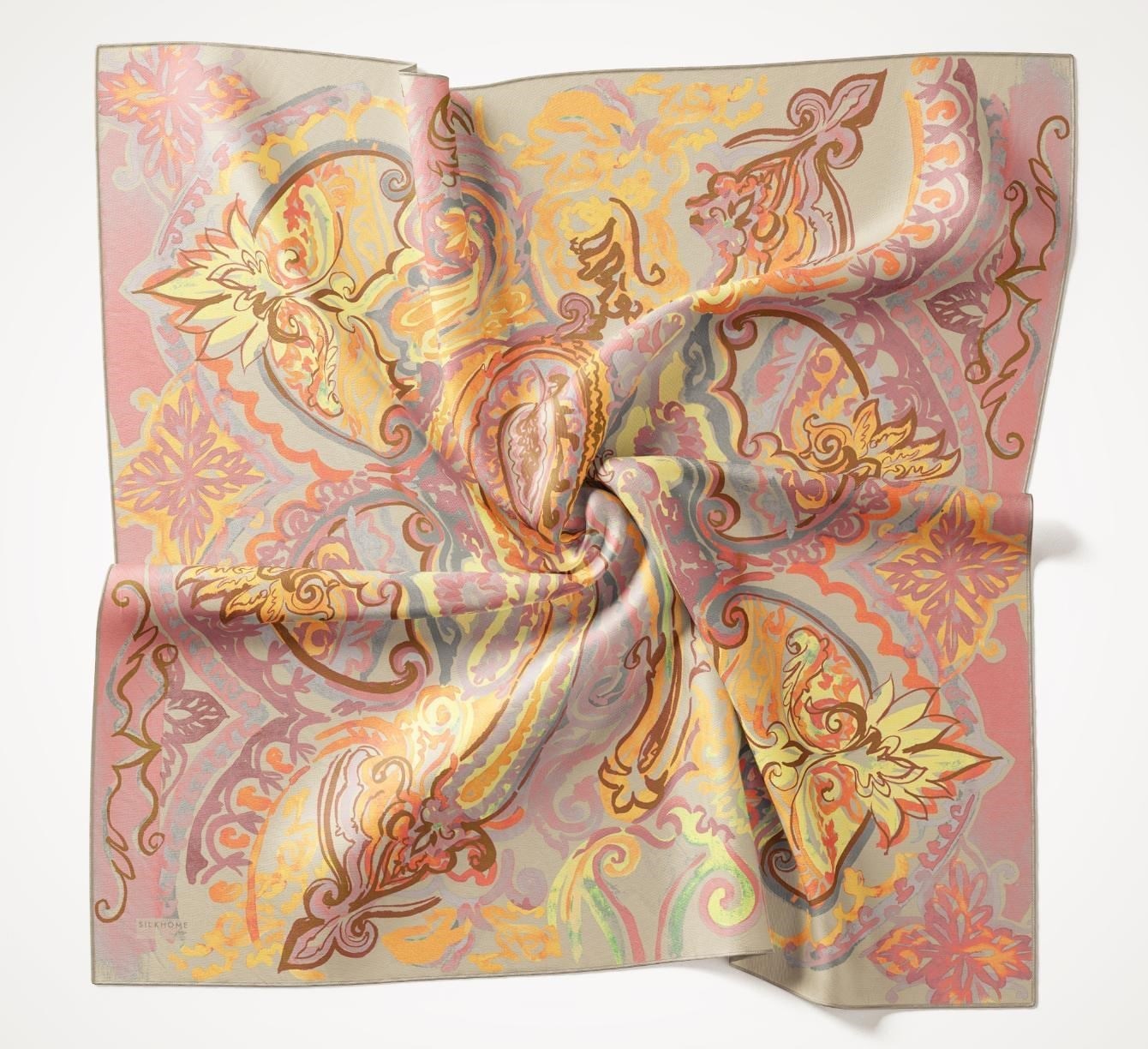 Twill İpek Eşarp Art Desen Soluk Turuncu 90x90